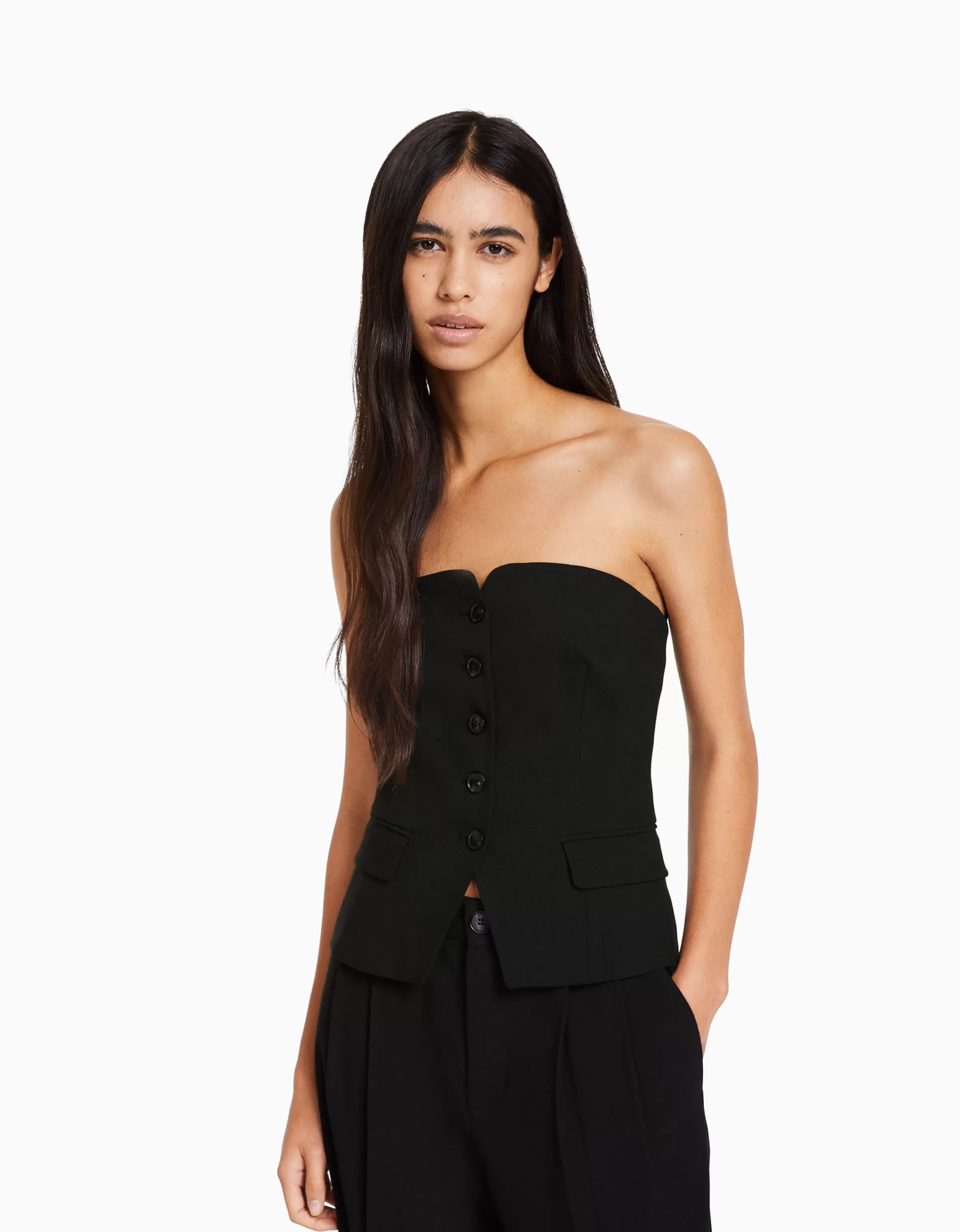 BERSHKA Vêtements*Gilet tailoring épaules dénudées Écru