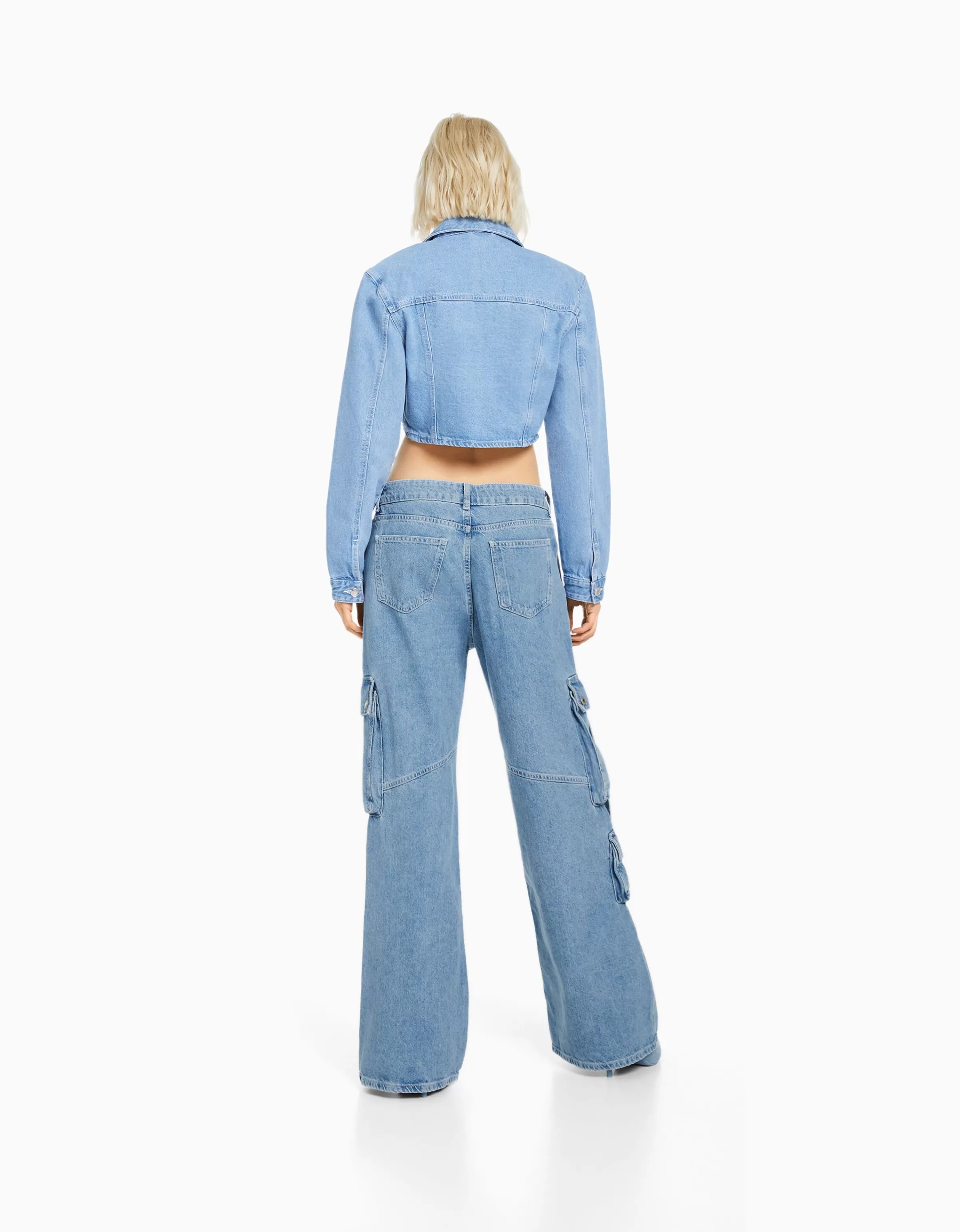 BERSHKA Vêtements*Jean cargo multipoches Bleu lavé