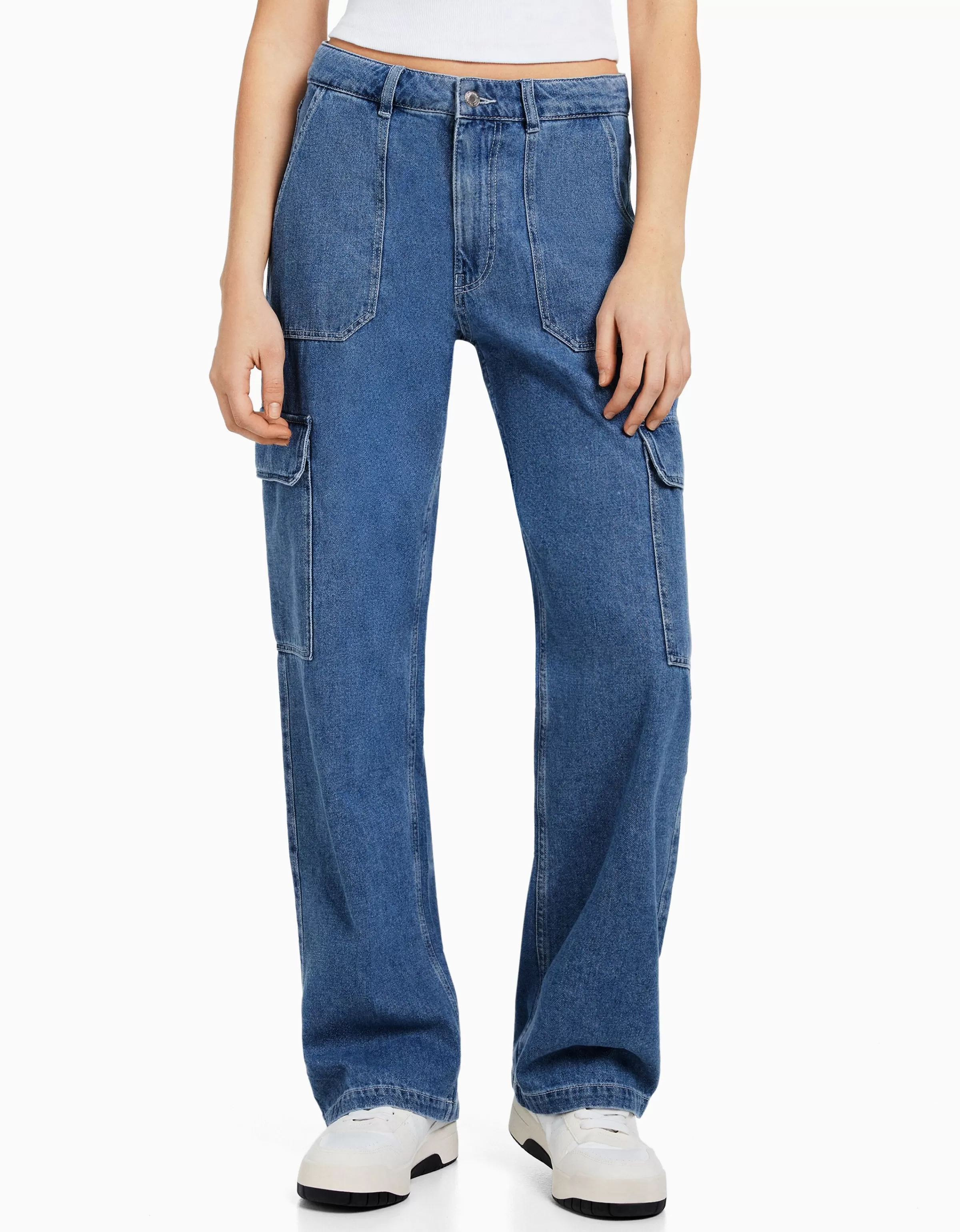 BERSHKA Jeans*Jean cargo straight Bleu lavé