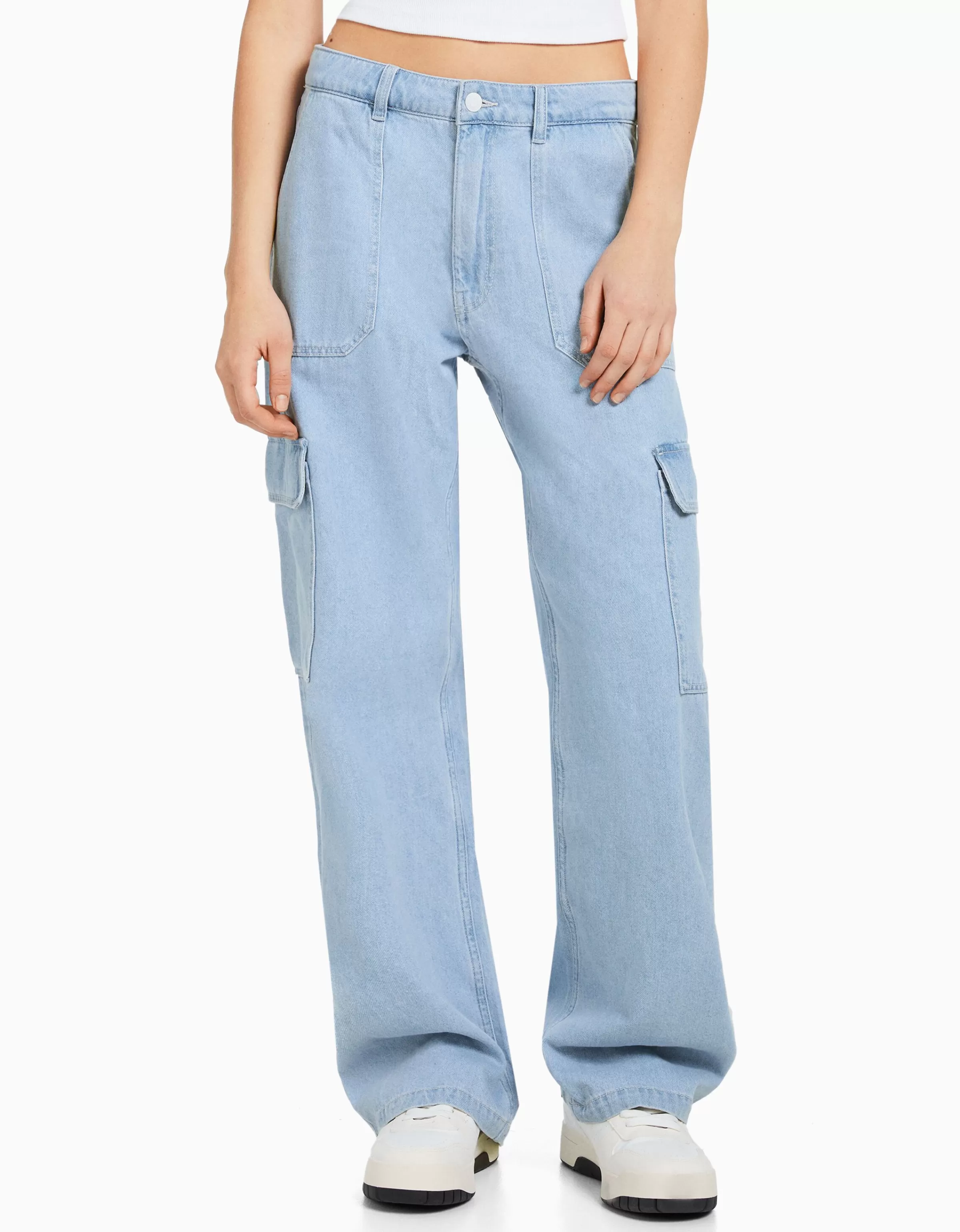 BERSHKA Jeans*Jean cargo straight Bleu lavé