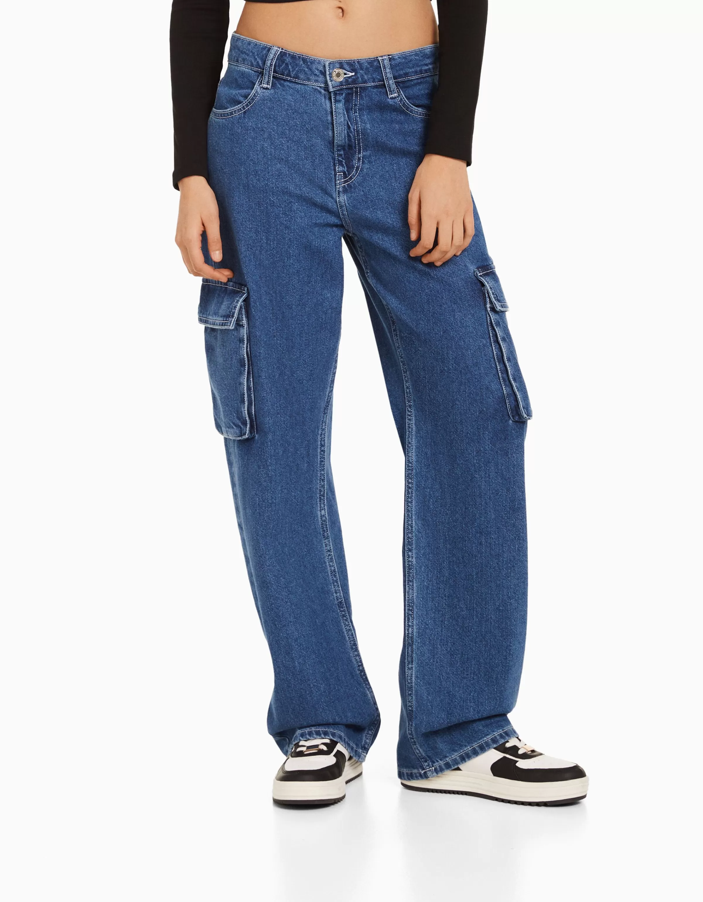 BERSHKA Jeans*Jean cargo straight Bleu lavé