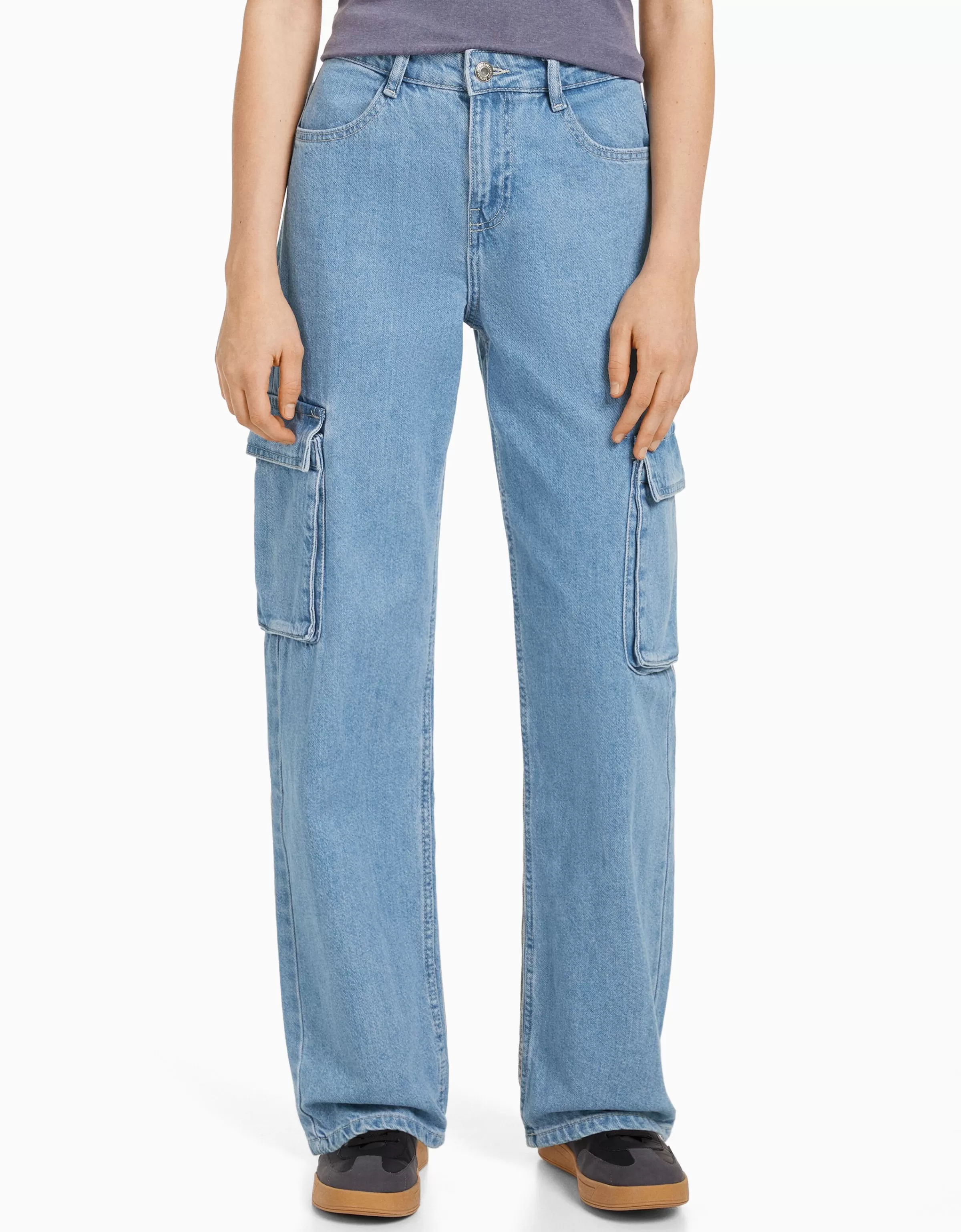 BERSHKA Jeans*Jean cargo straight Bleu lavé