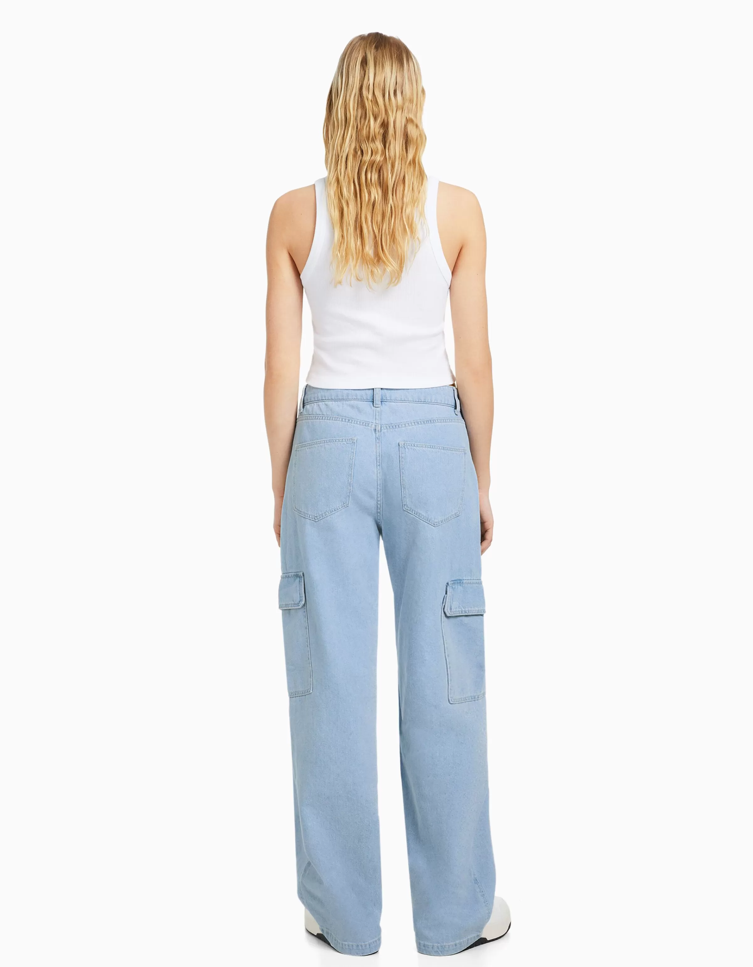 BERSHKA Jeans*Jean cargo straight Bleu lavé