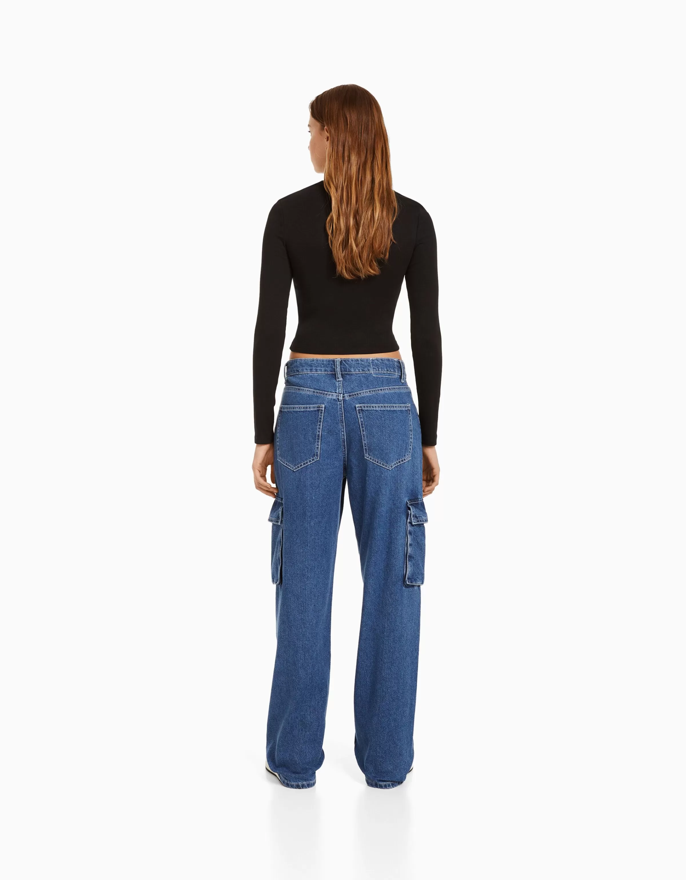 BERSHKA Jeans*Jean cargo straight Bleu lavé