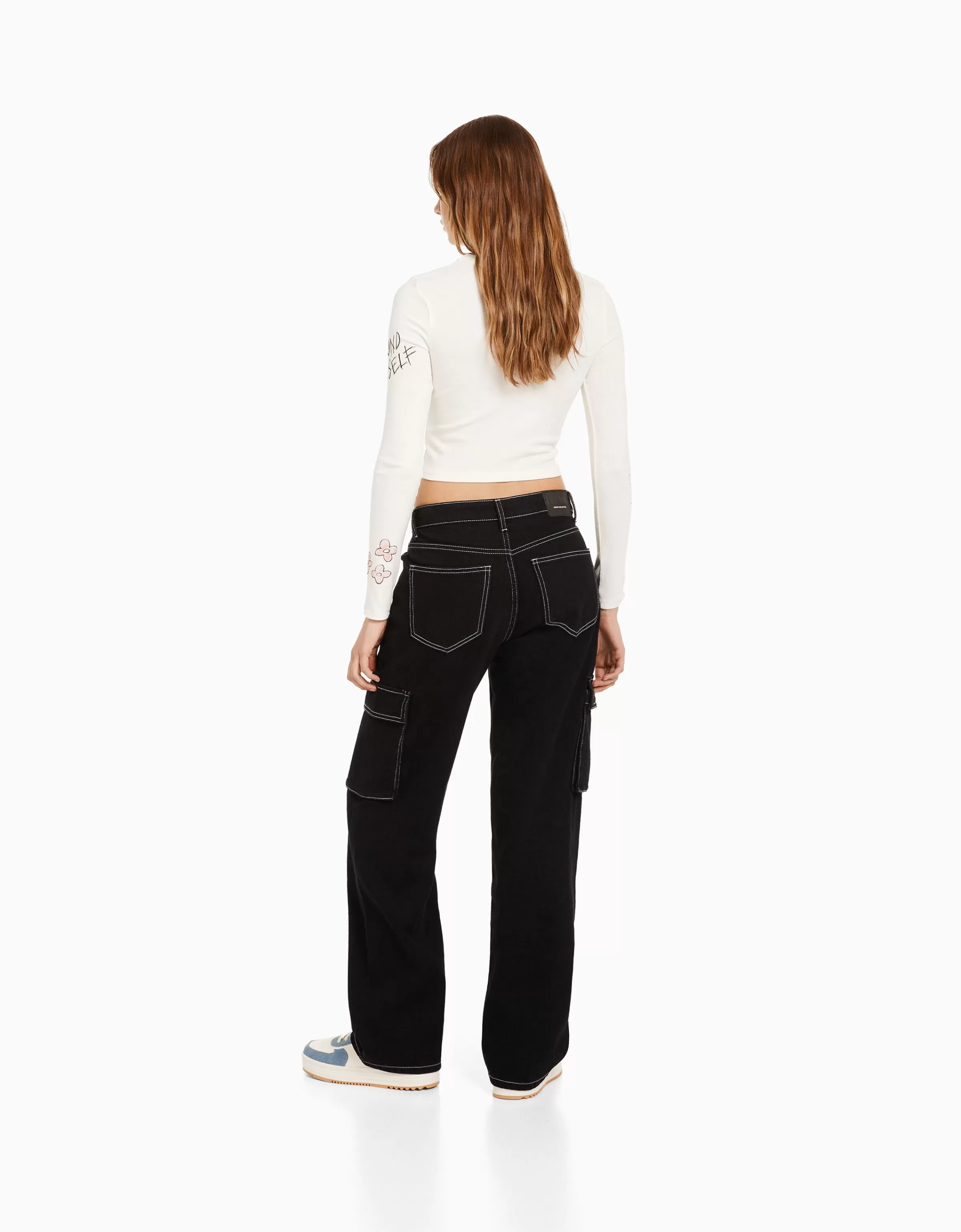 BERSHKA Jeans*Jean cargo straight Bleu lavé