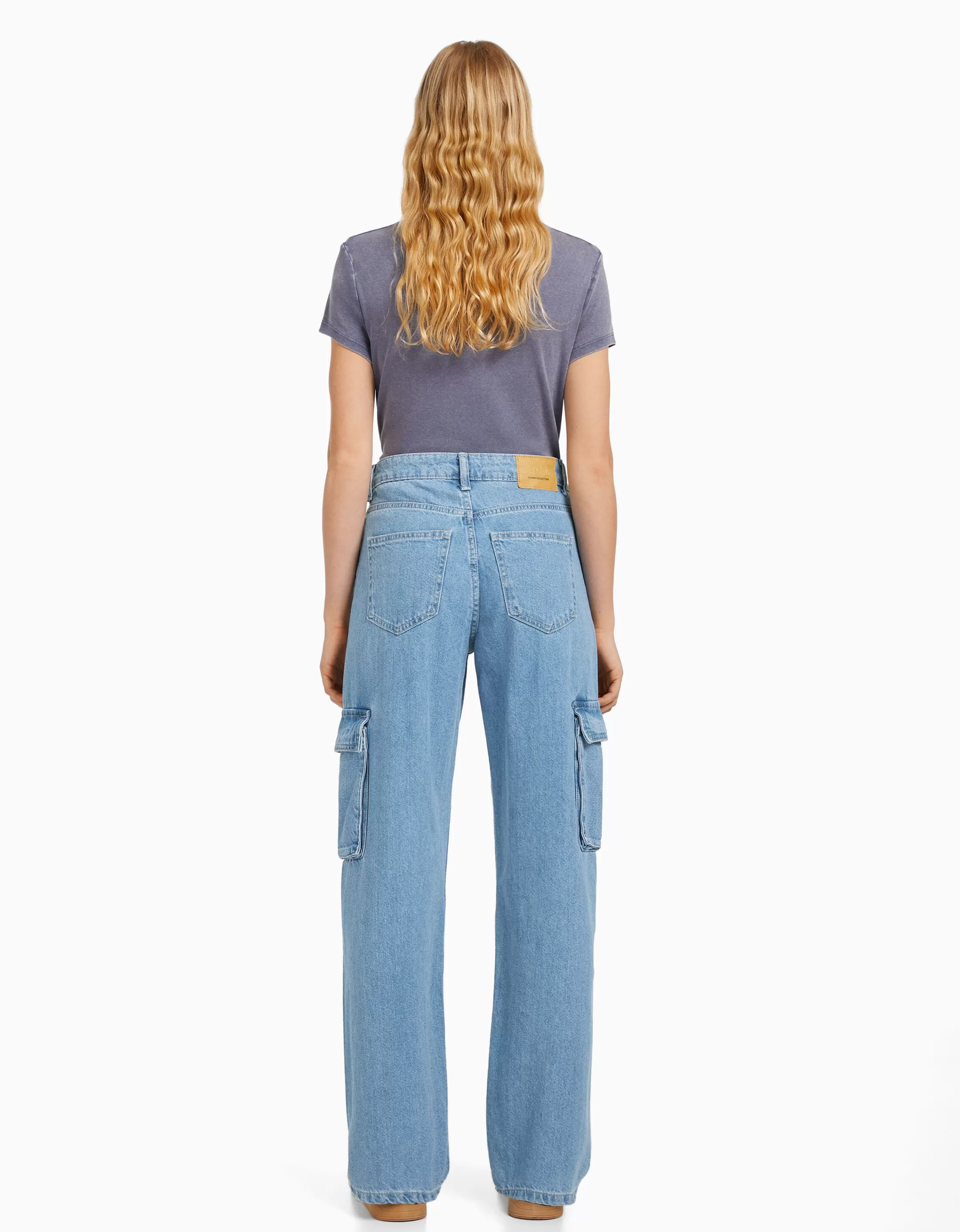 BERSHKA Jeans*Jean cargo straight Bleu lavé