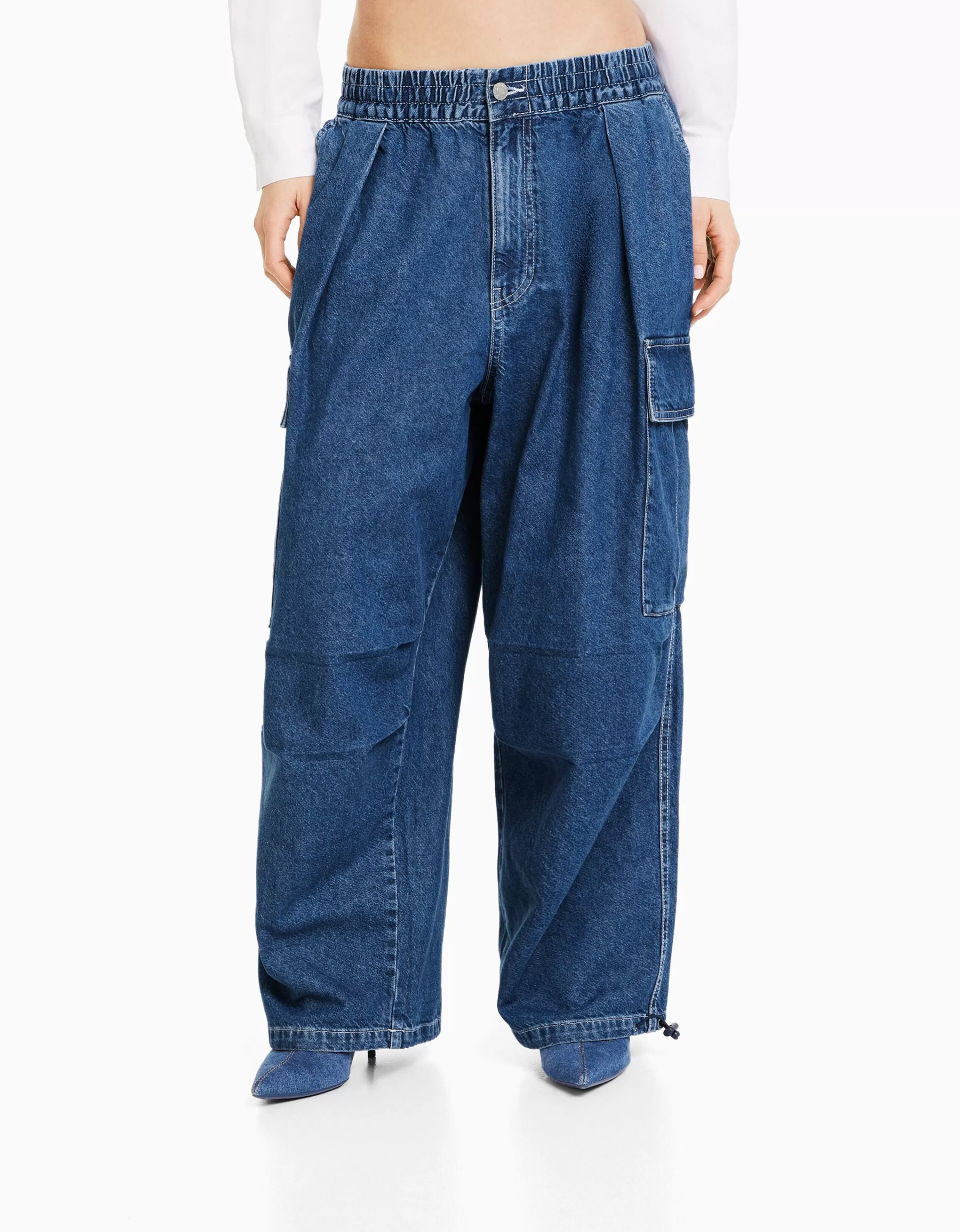 BERSHKA Jeans*Jean cargo volume Bleu lavé