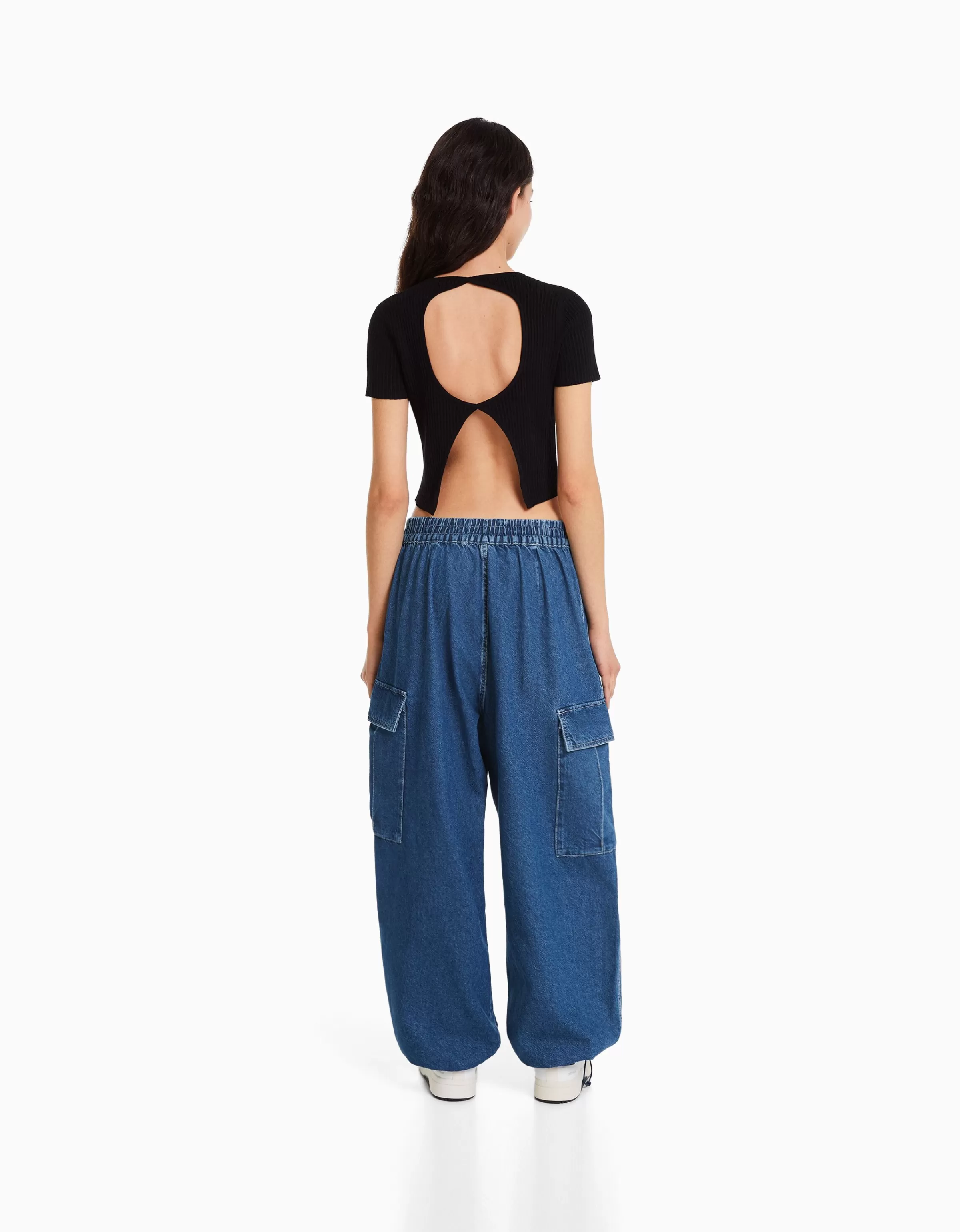 BERSHKA Vêtements*Jean cargo volume Bleu lavé