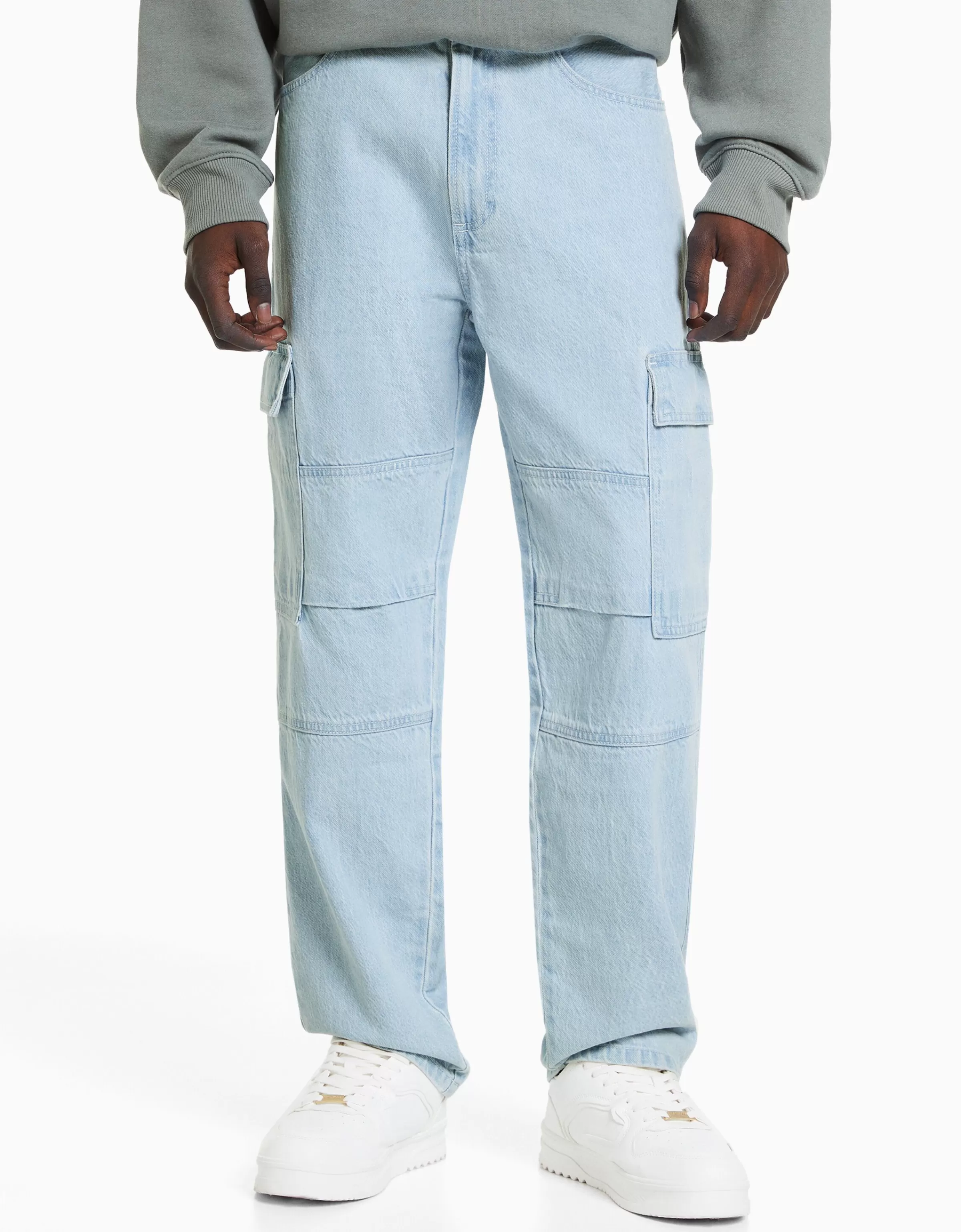 BERSHKA Vêtements*Jean cargo wide Bleu clair