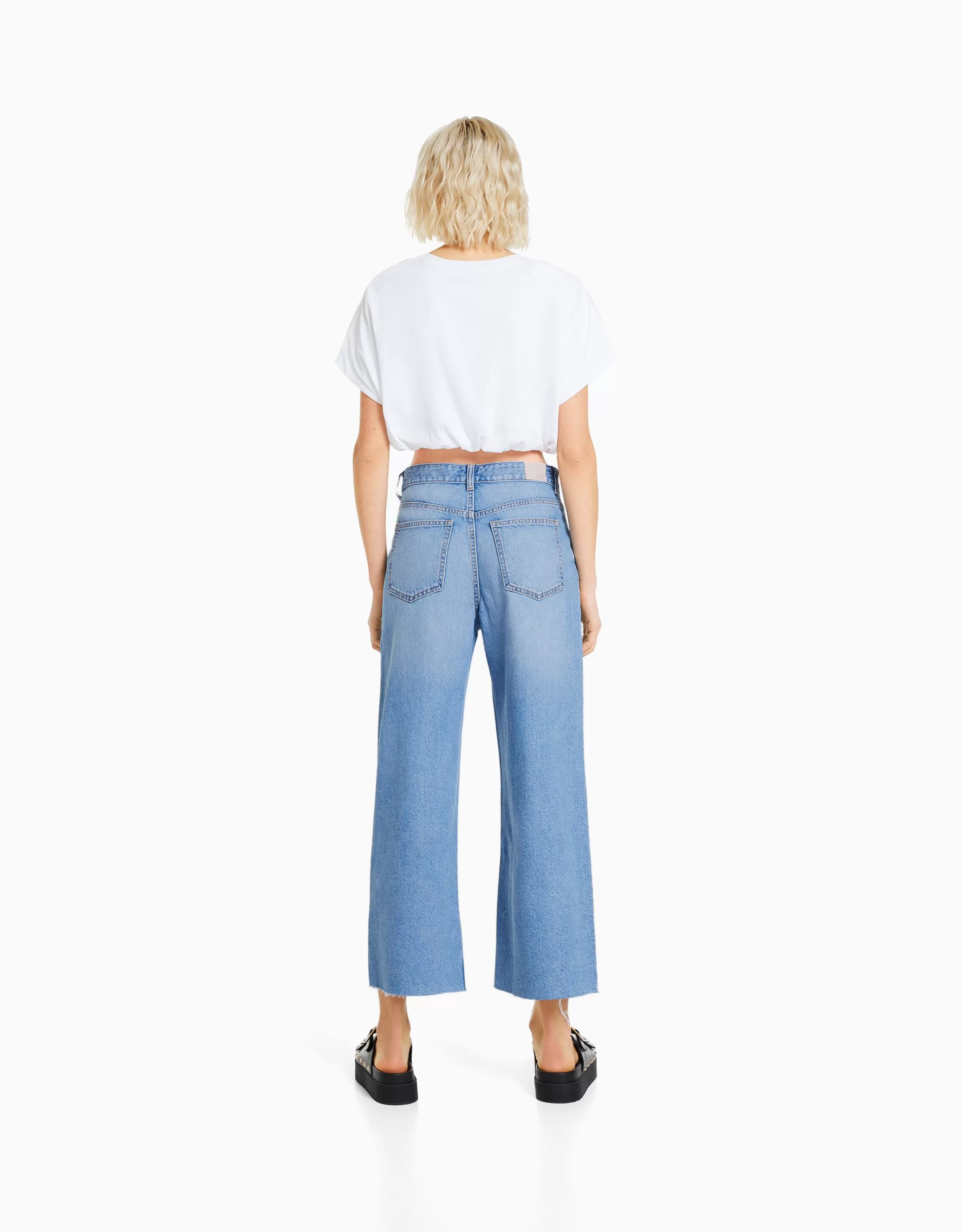 BERSHKA Jeans*Jean cropped wide leg Bleu clair