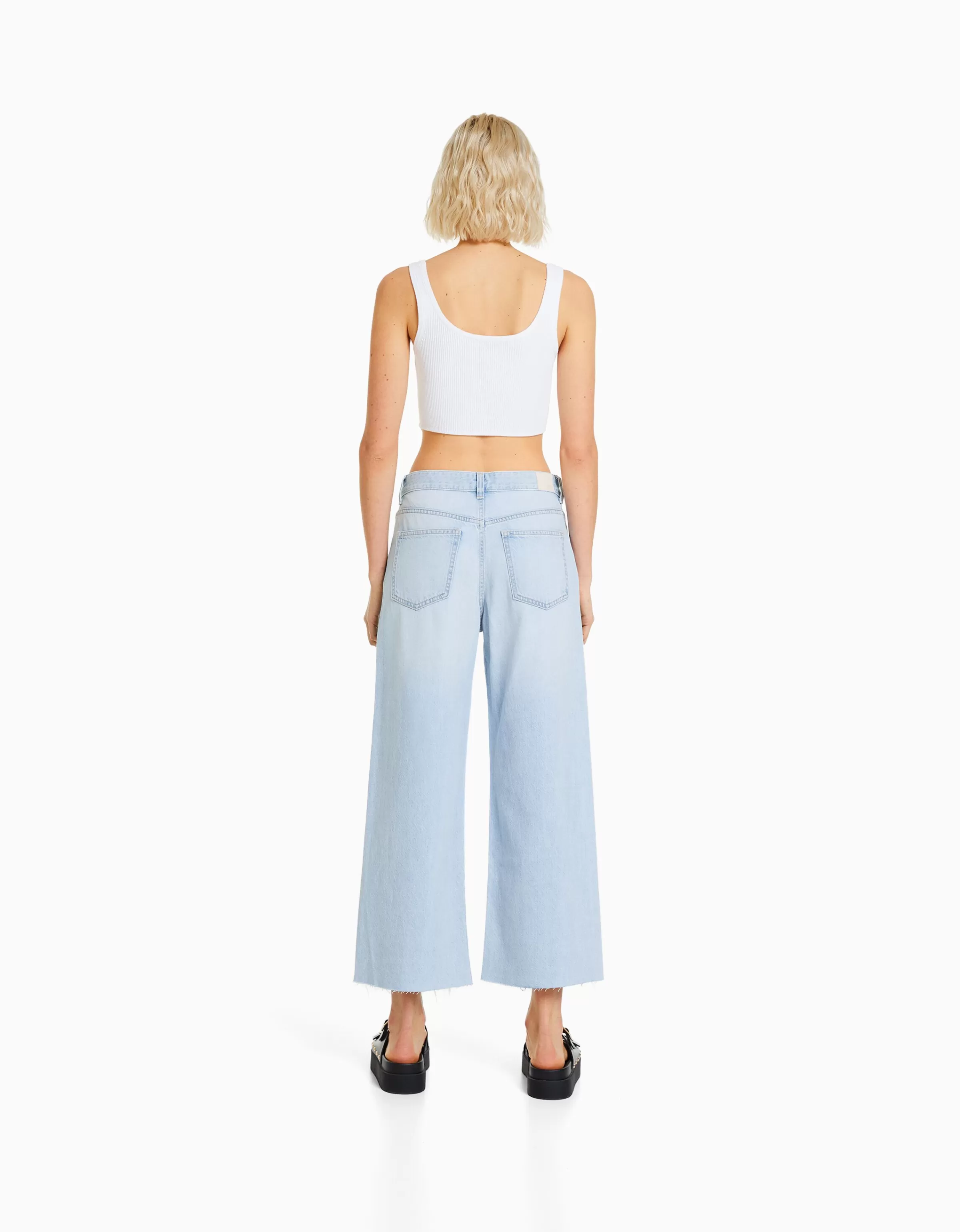 BERSHKA Jeans*Jean cropped wide leg Bleu clair