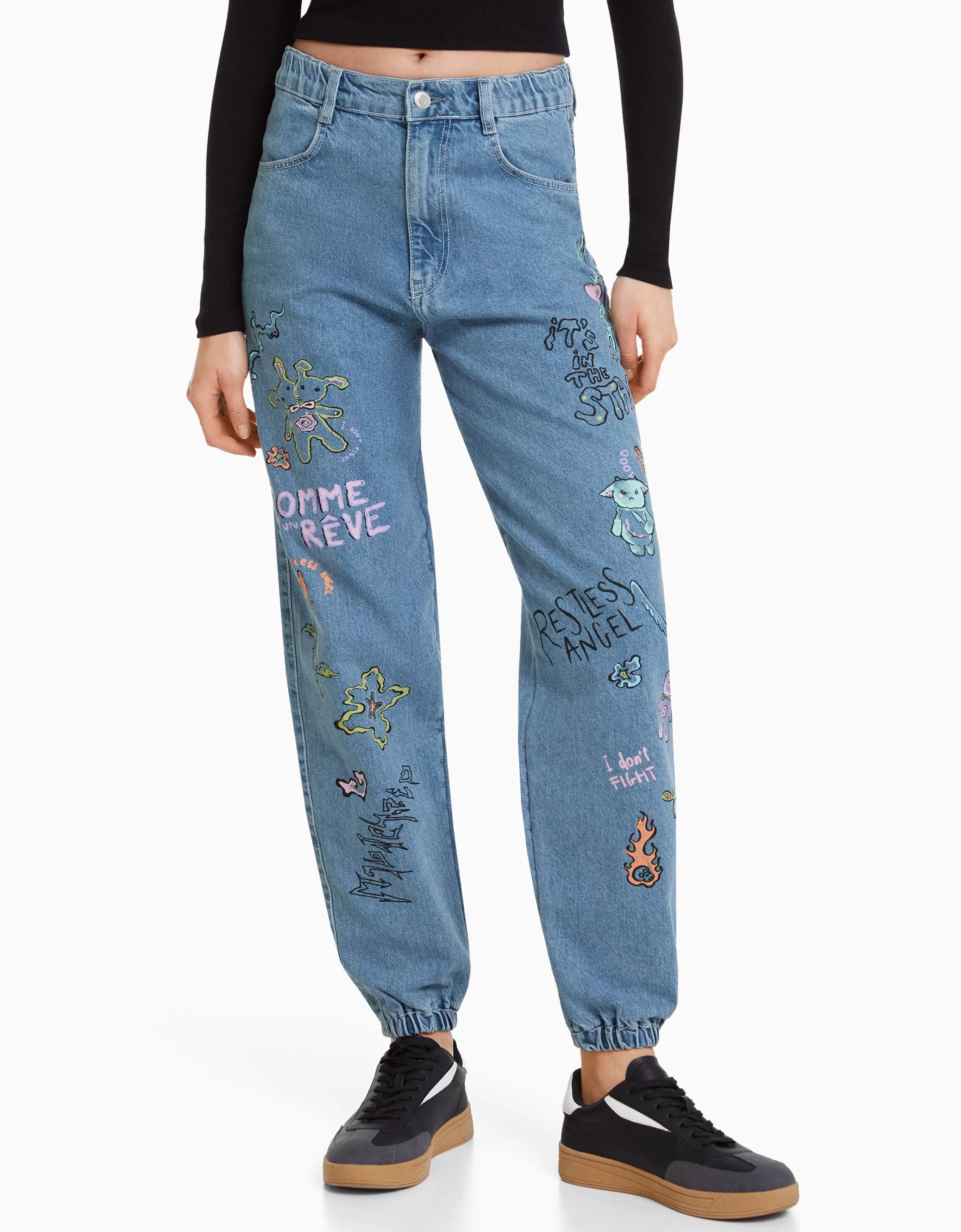 BERSHKA Jeans*Jean jogger graffiti Bleu lavé