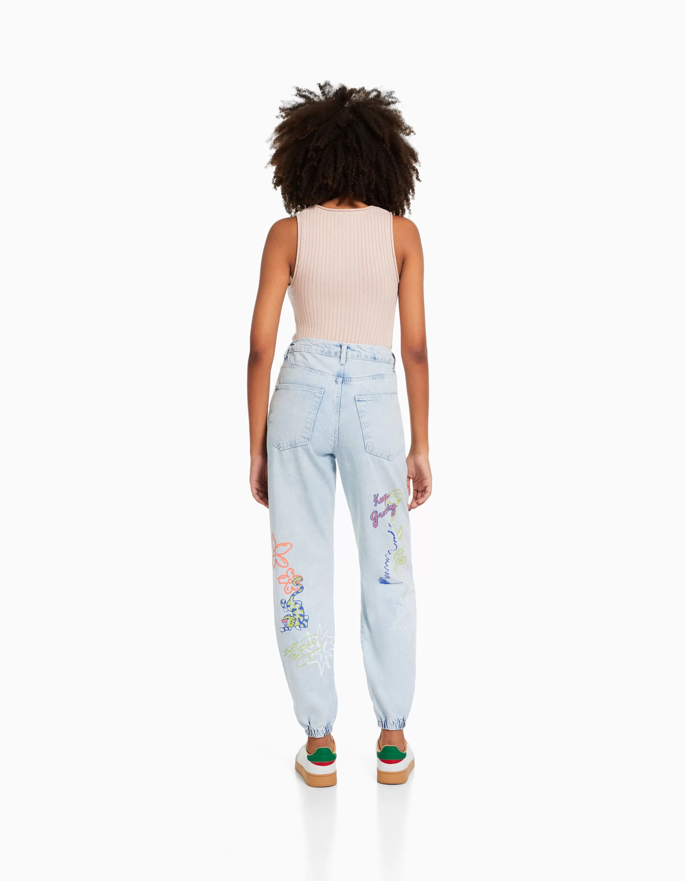 BERSHKA Jeans*Jean jogger graffiti Bleu lavé