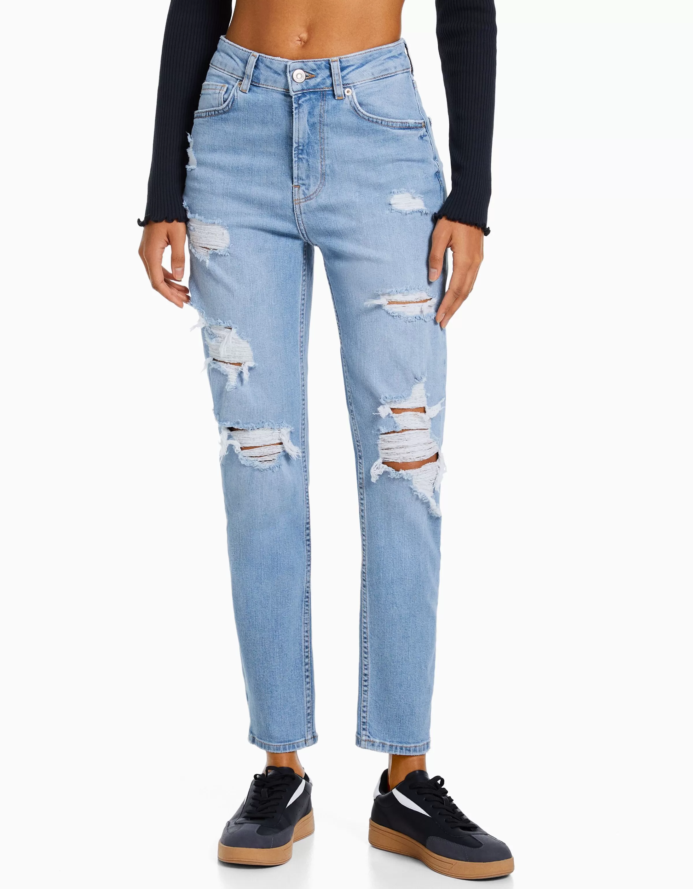 BERSHKA Jeans*Jean mom décontracté déchiré Bleu