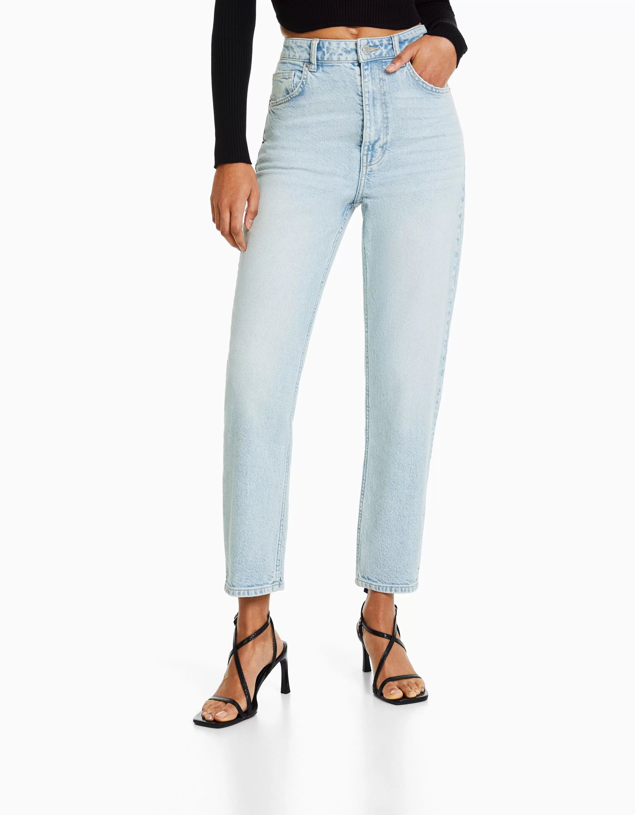 BERSHKA Jeans*Jean mom slim décontracté Bleu lavé