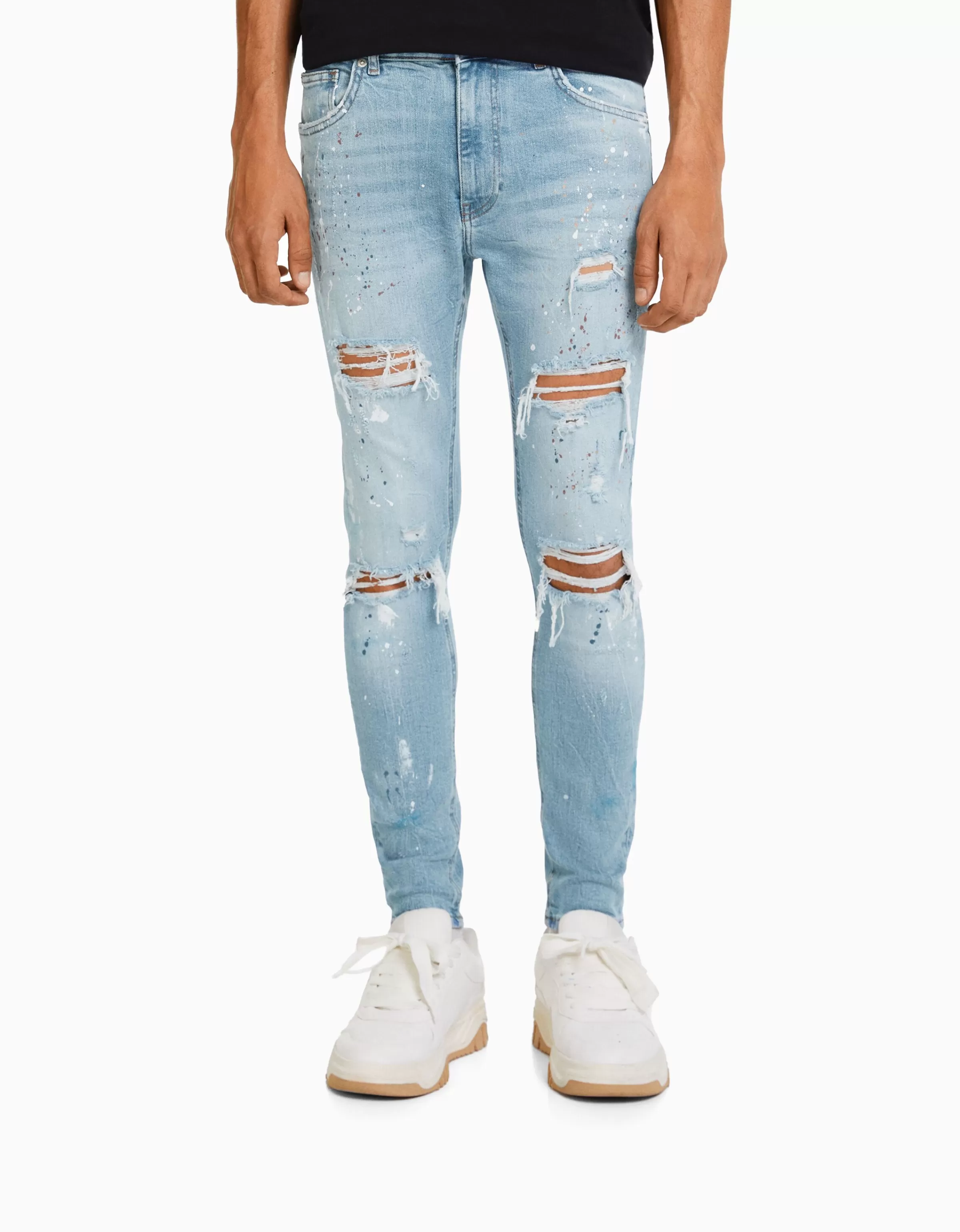 BERSHKA Jeans*Jean skinny déchirures taches de peinture Bleu lavé