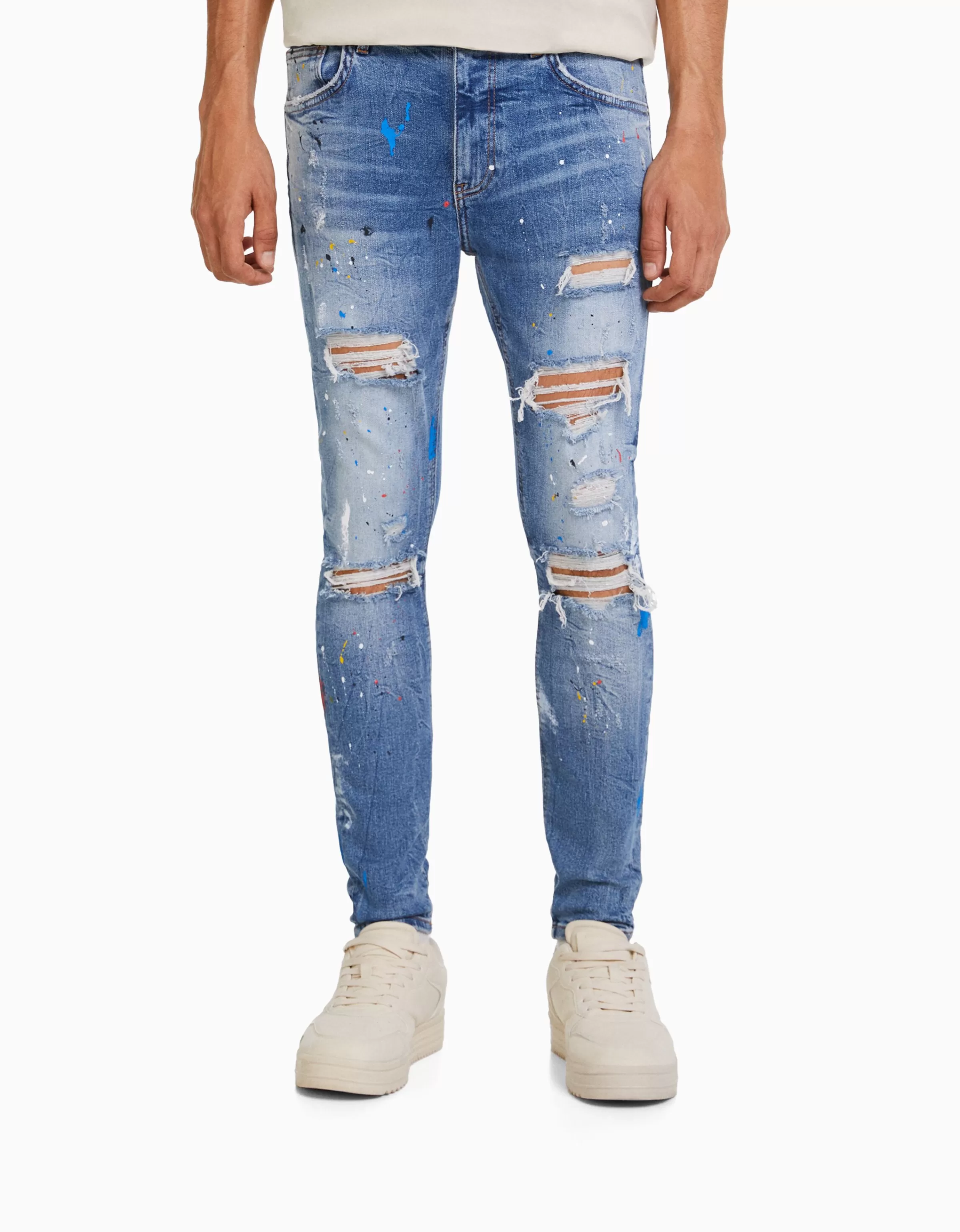 BERSHKA Jeans*Jean skinny déchirures taches de peinture Bleu lavé