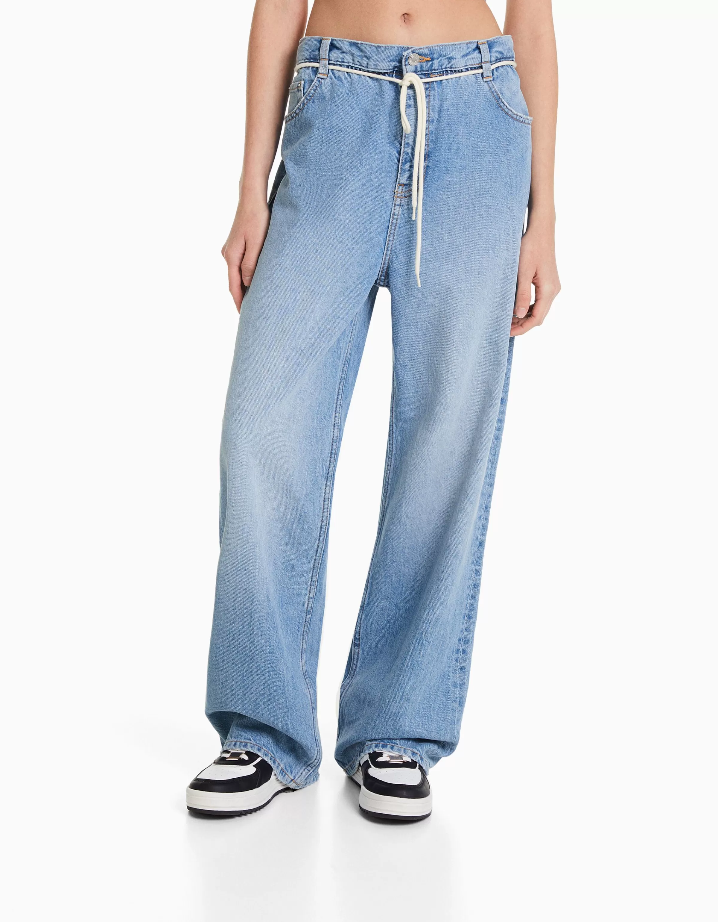 BERSHKA Vêtements*Jean straight taille élastique Bleu lavé