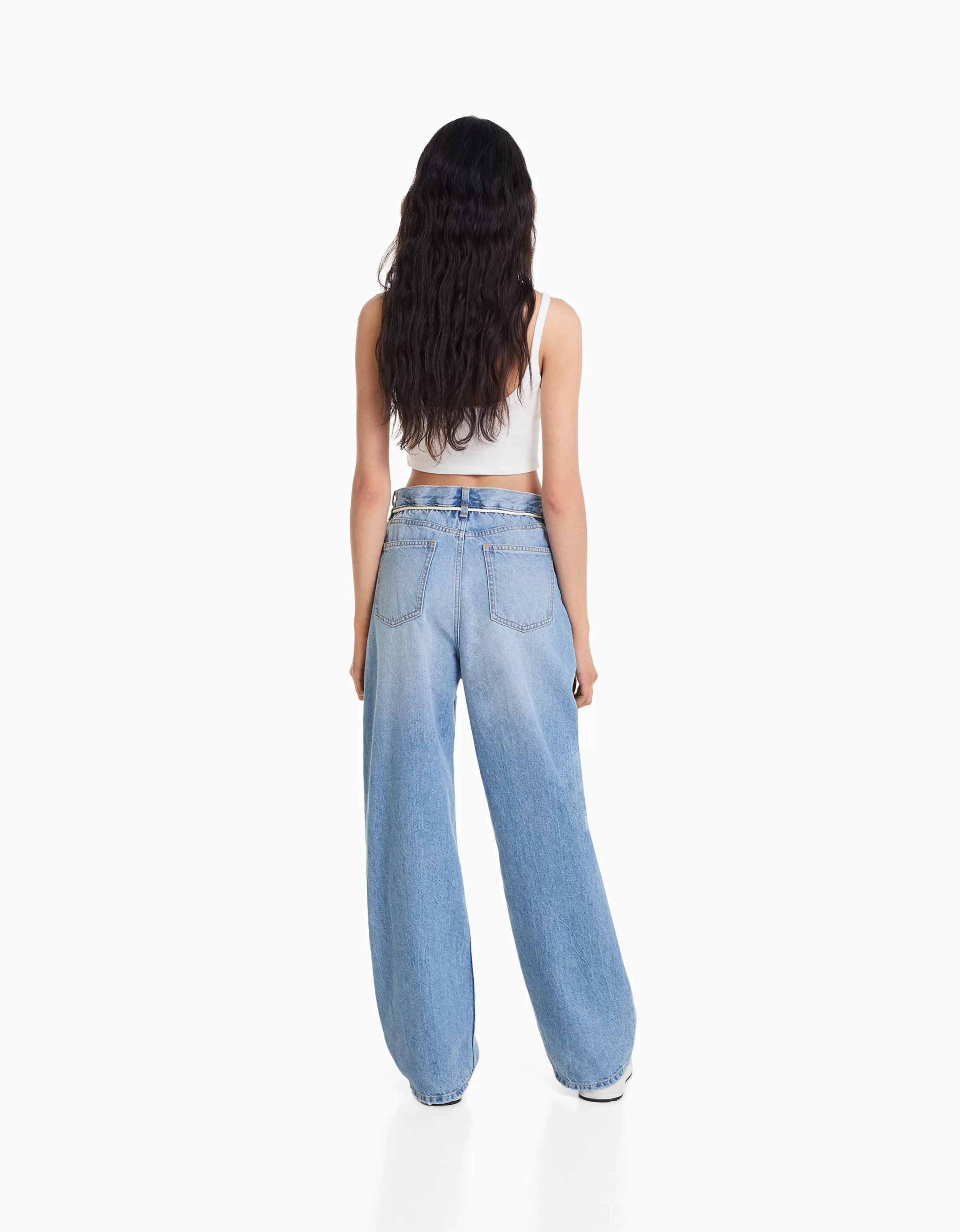 BERSHKA Vêtements*Jean straight taille élastique Bleu lavé