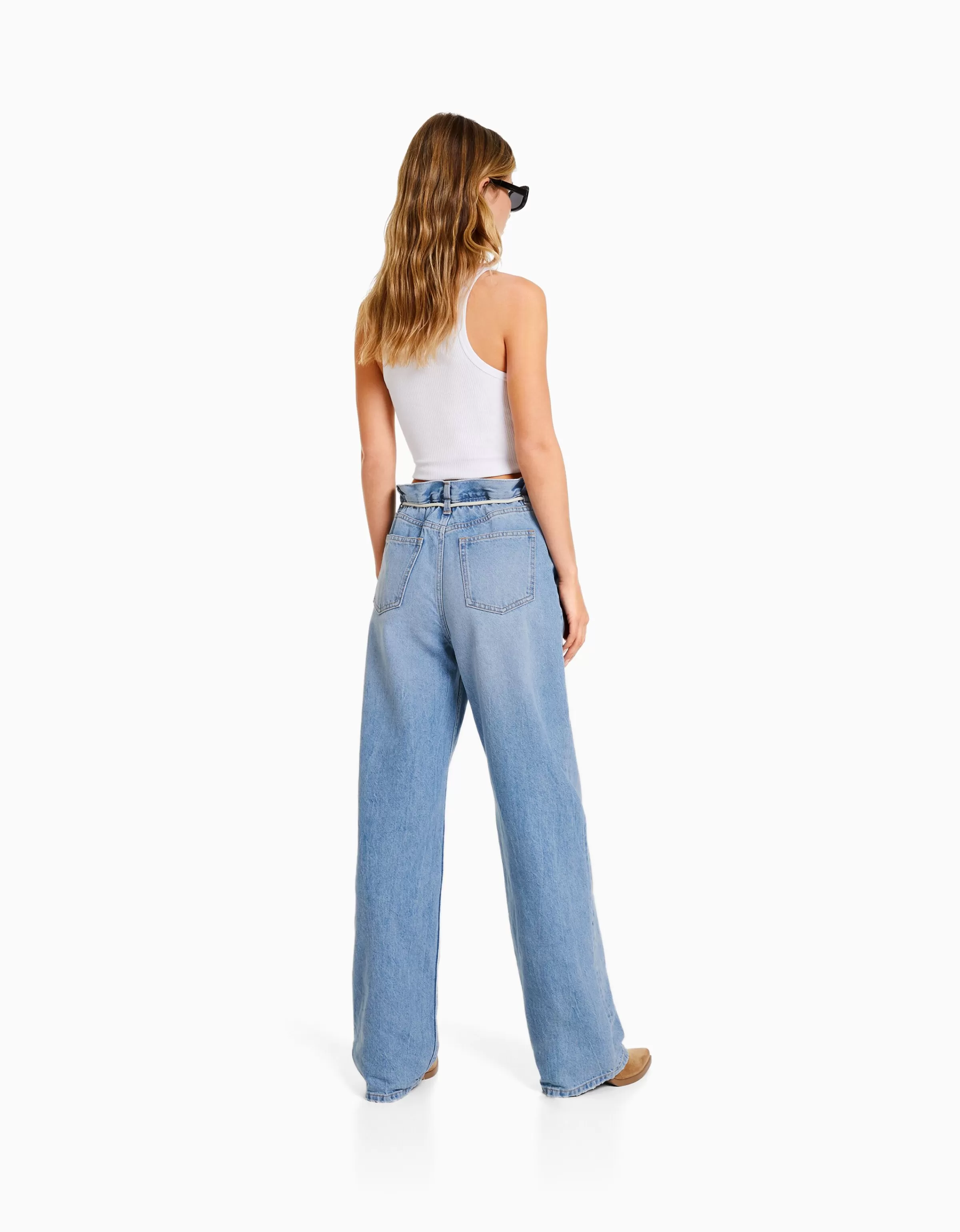 BERSHKA Vêtements*Jean straight taille élastique Bleu lavé