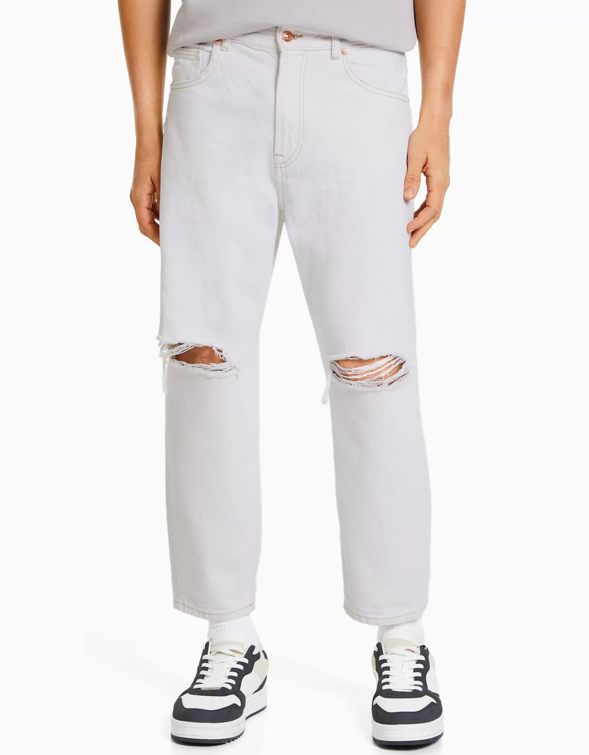 BERSHKA Jeans*Jeans loose déchirés Blanc