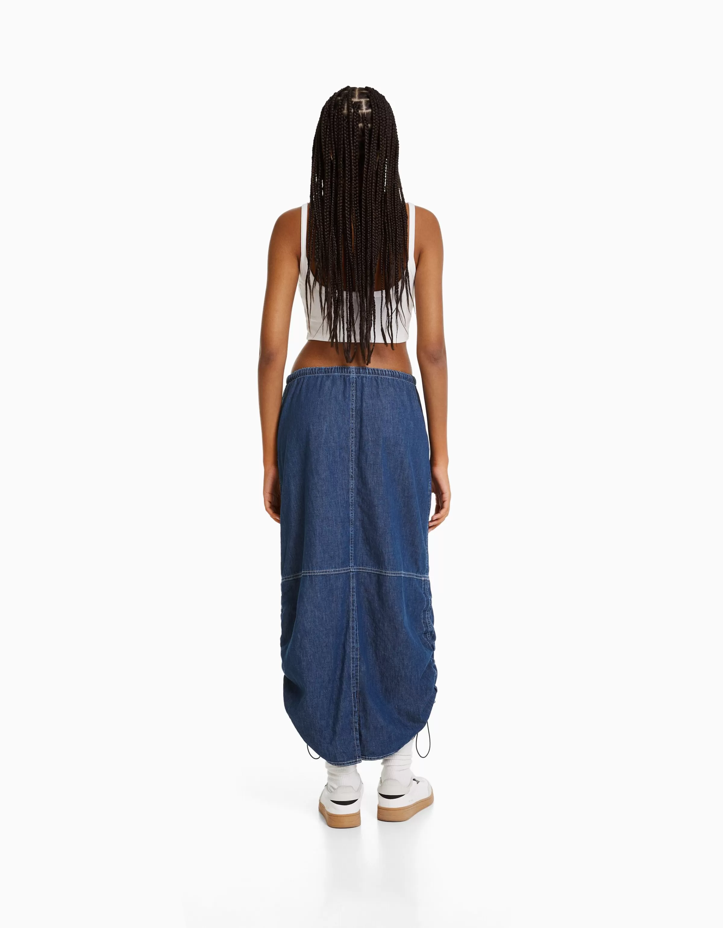 BERSHKA Vêtements*Jupe denim midi parachute Bleu