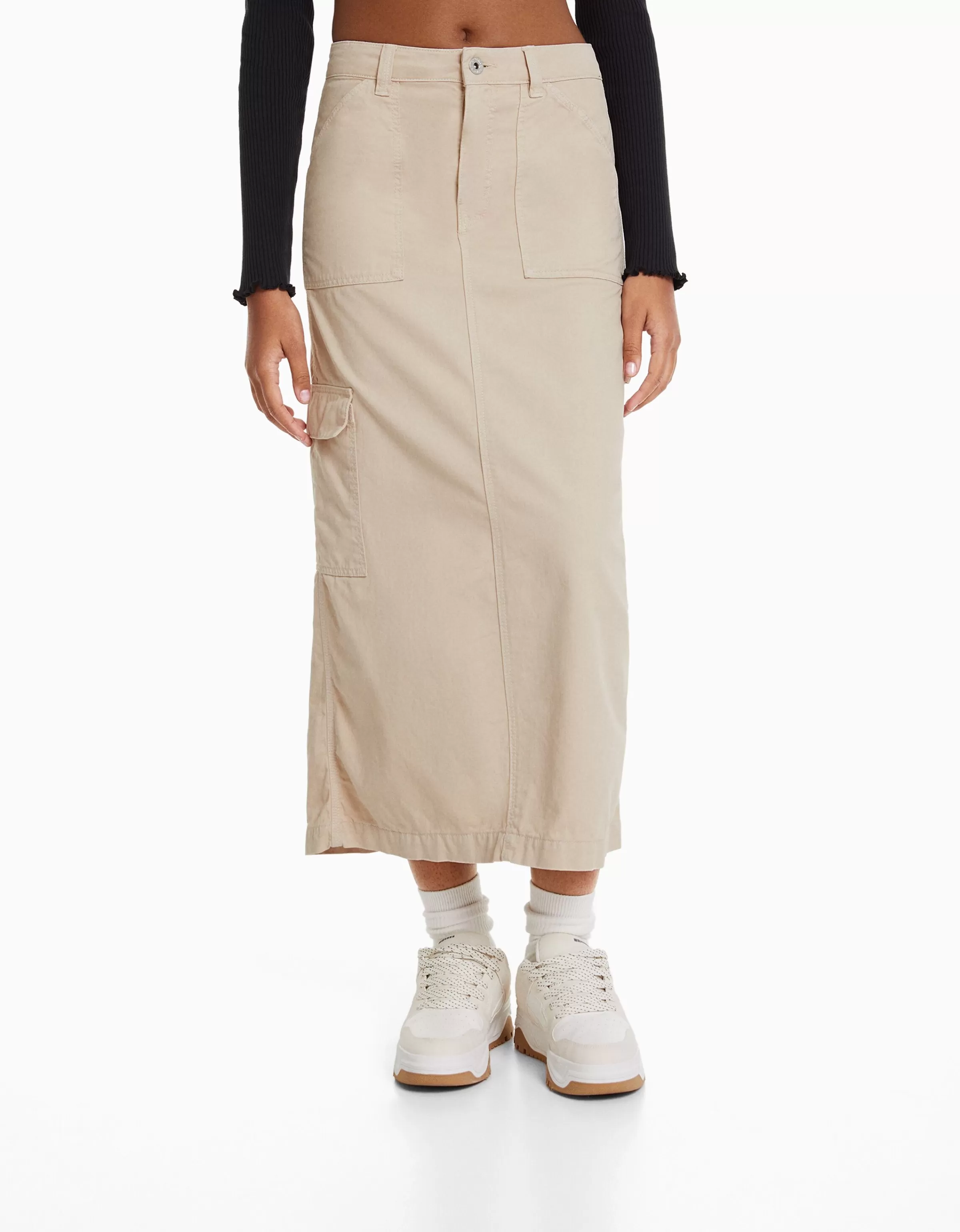 BERSHKA Jupes*Jupe midi carpenter coton Sable