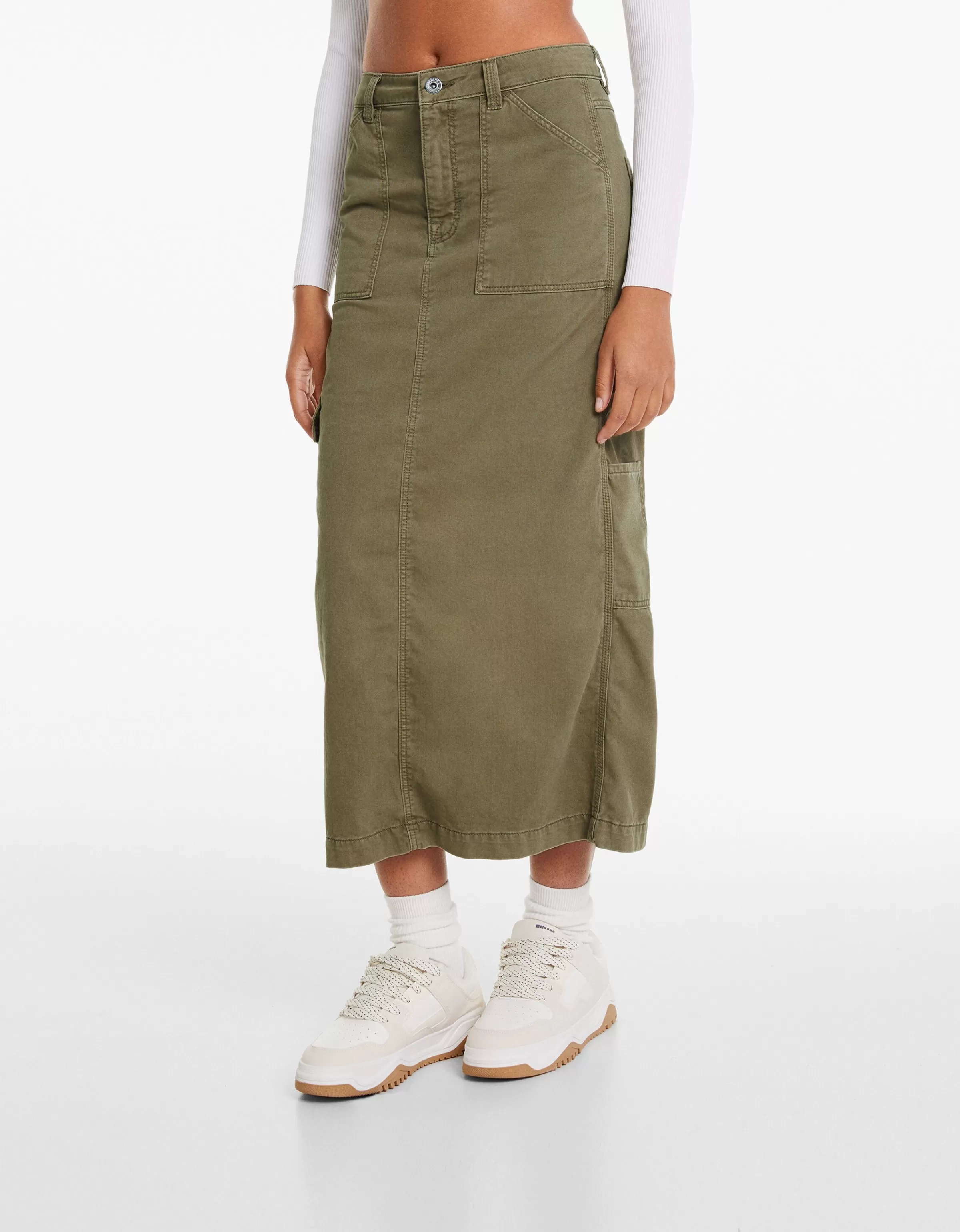 BERSHKA Vêtements*Jupe midi carpenter coton Sable