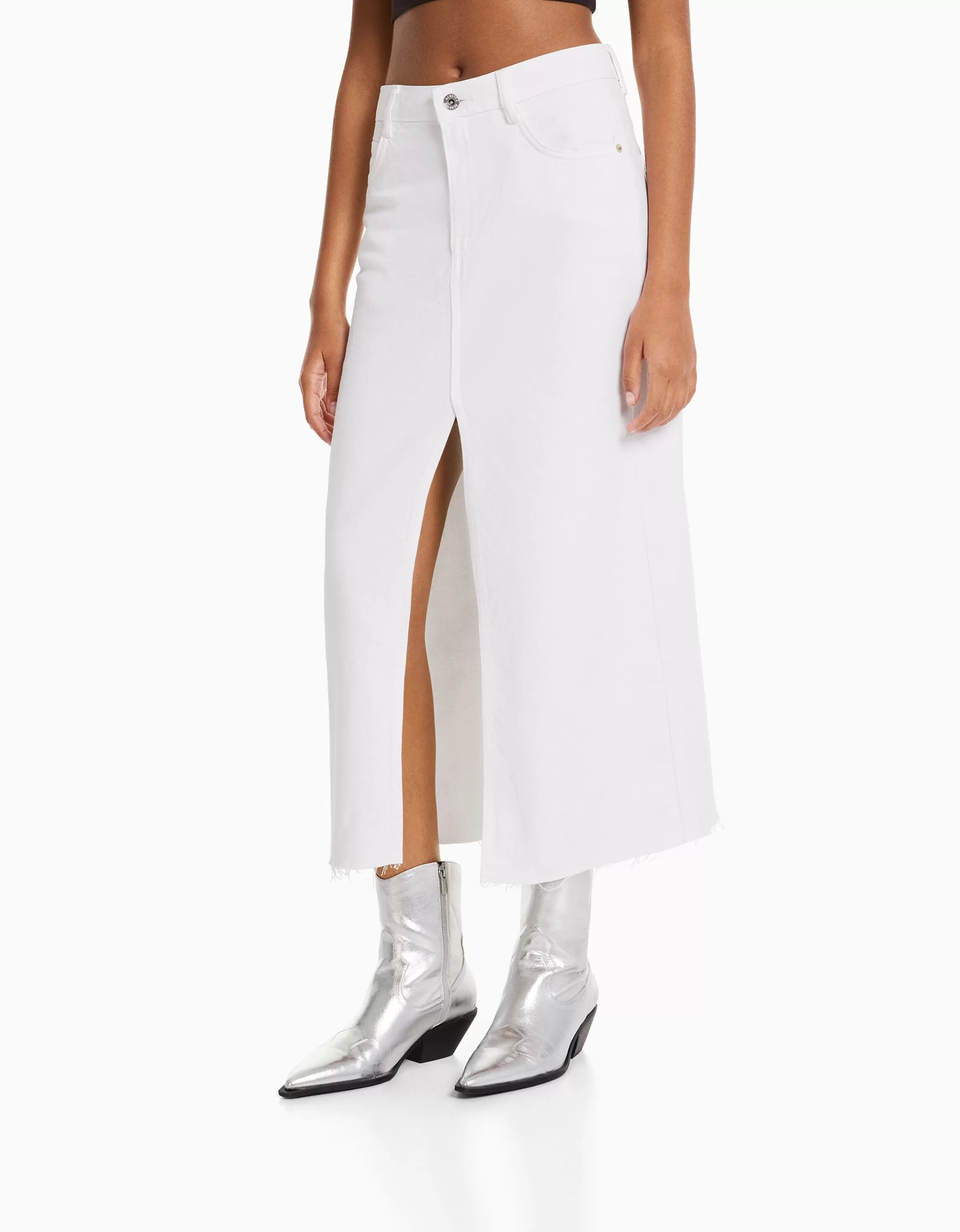 BERSHKA Vêtements*Jupe midi serge coton fente devant Blanc