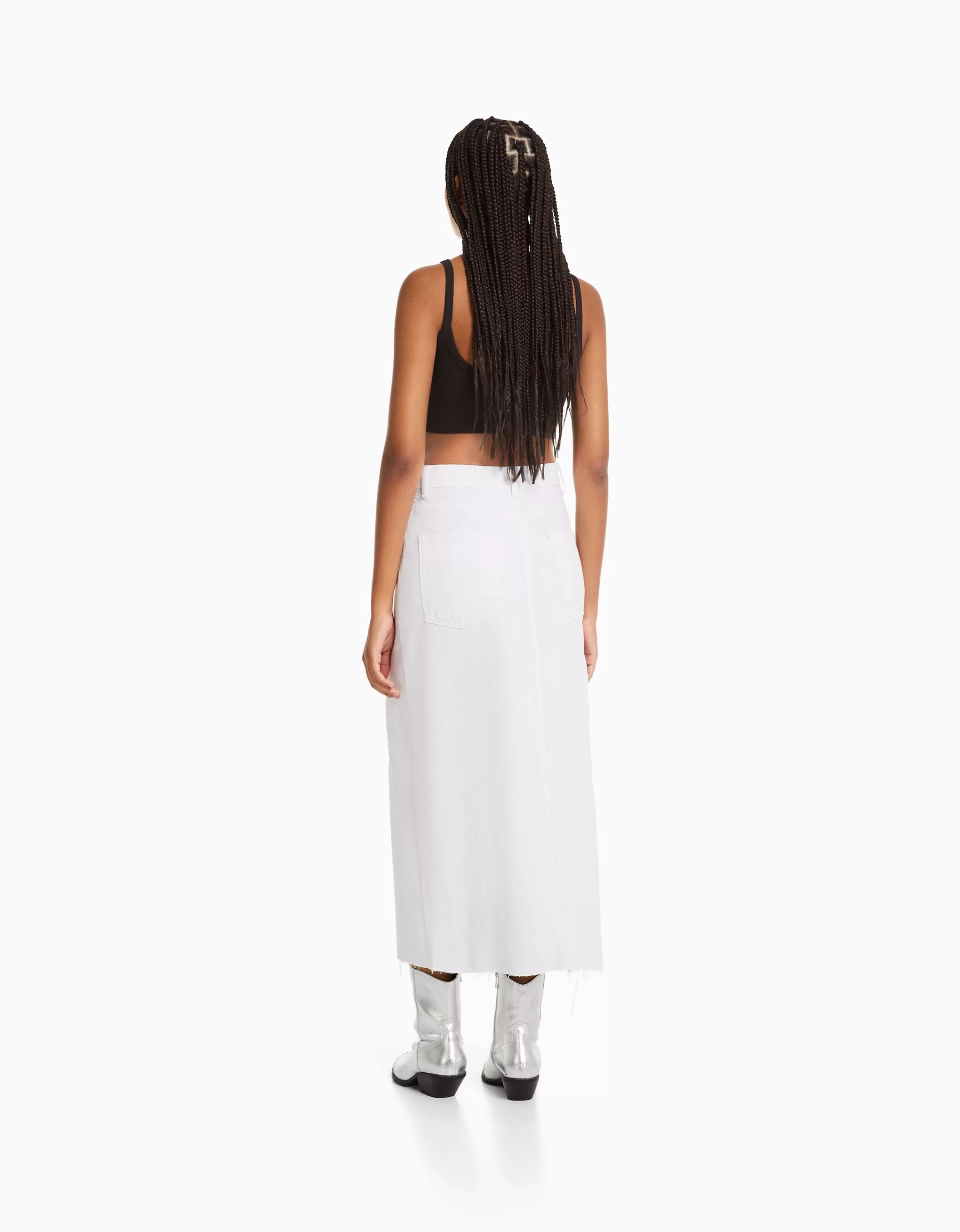 BERSHKA Vêtements*Jupe midi serge coton fente devant Blanc