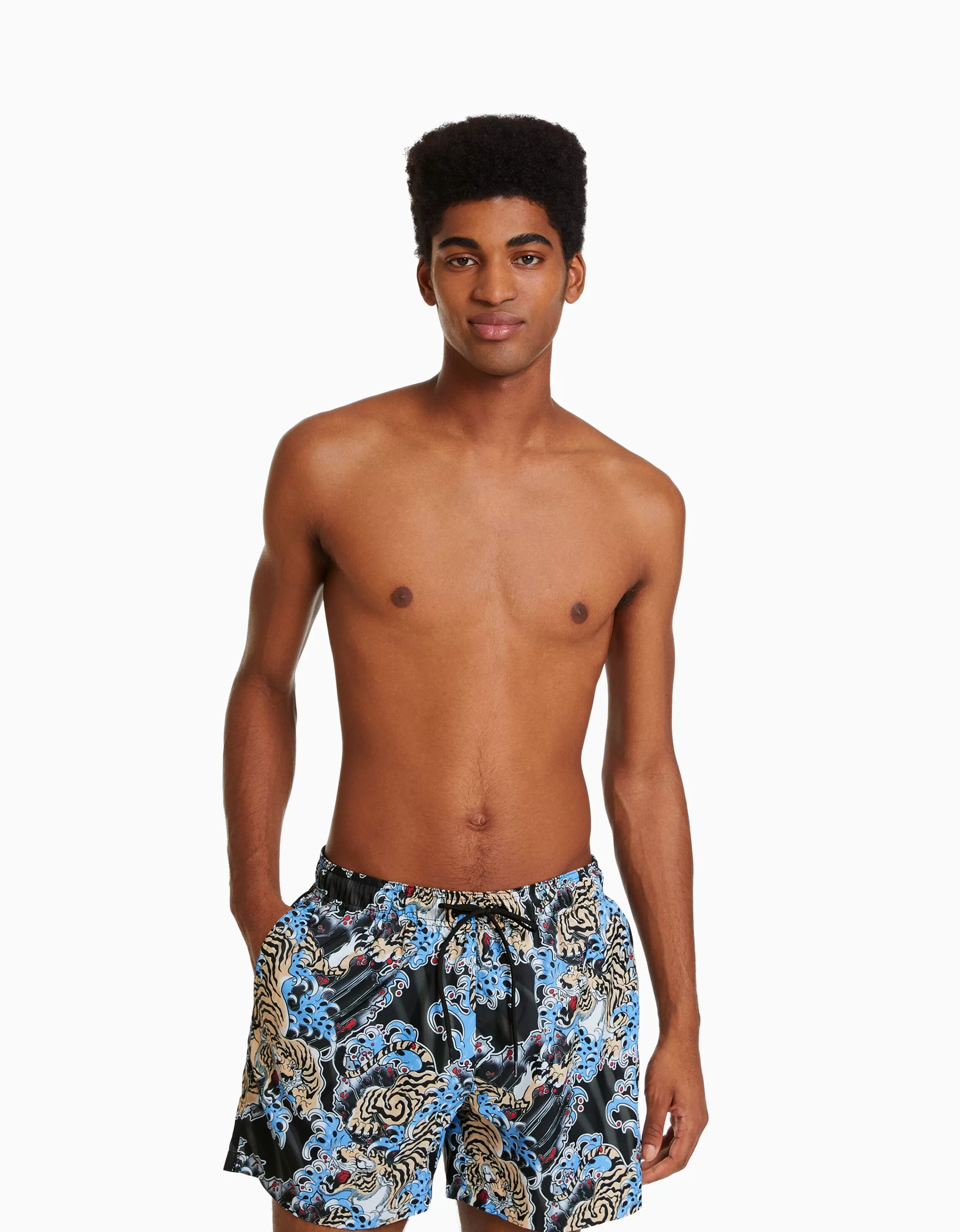 BERSHKA Maillots de bain*Maillot de bain imprimé tigre Noir