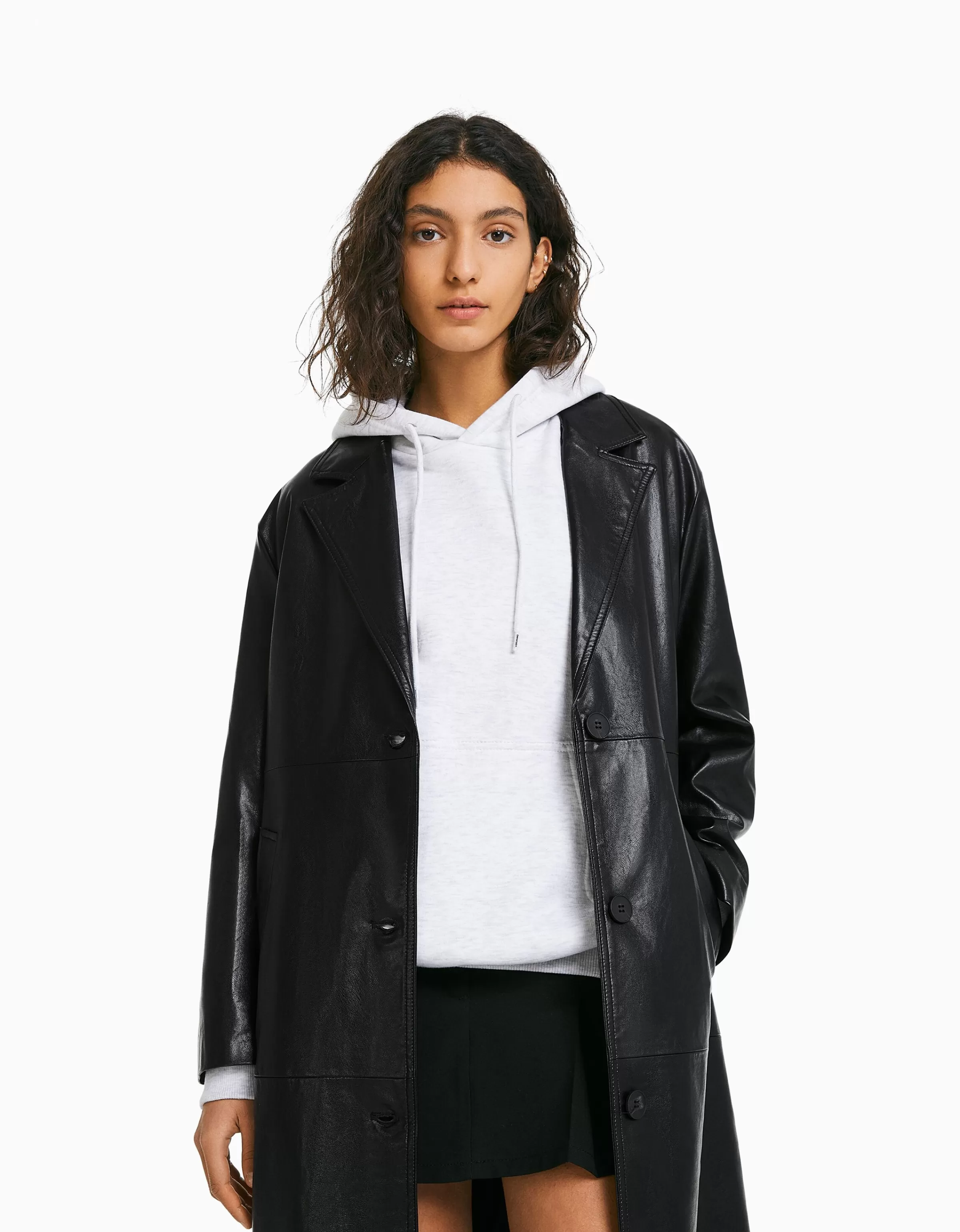 BERSHKA Similicuir*Manteau long en similicuir Noir