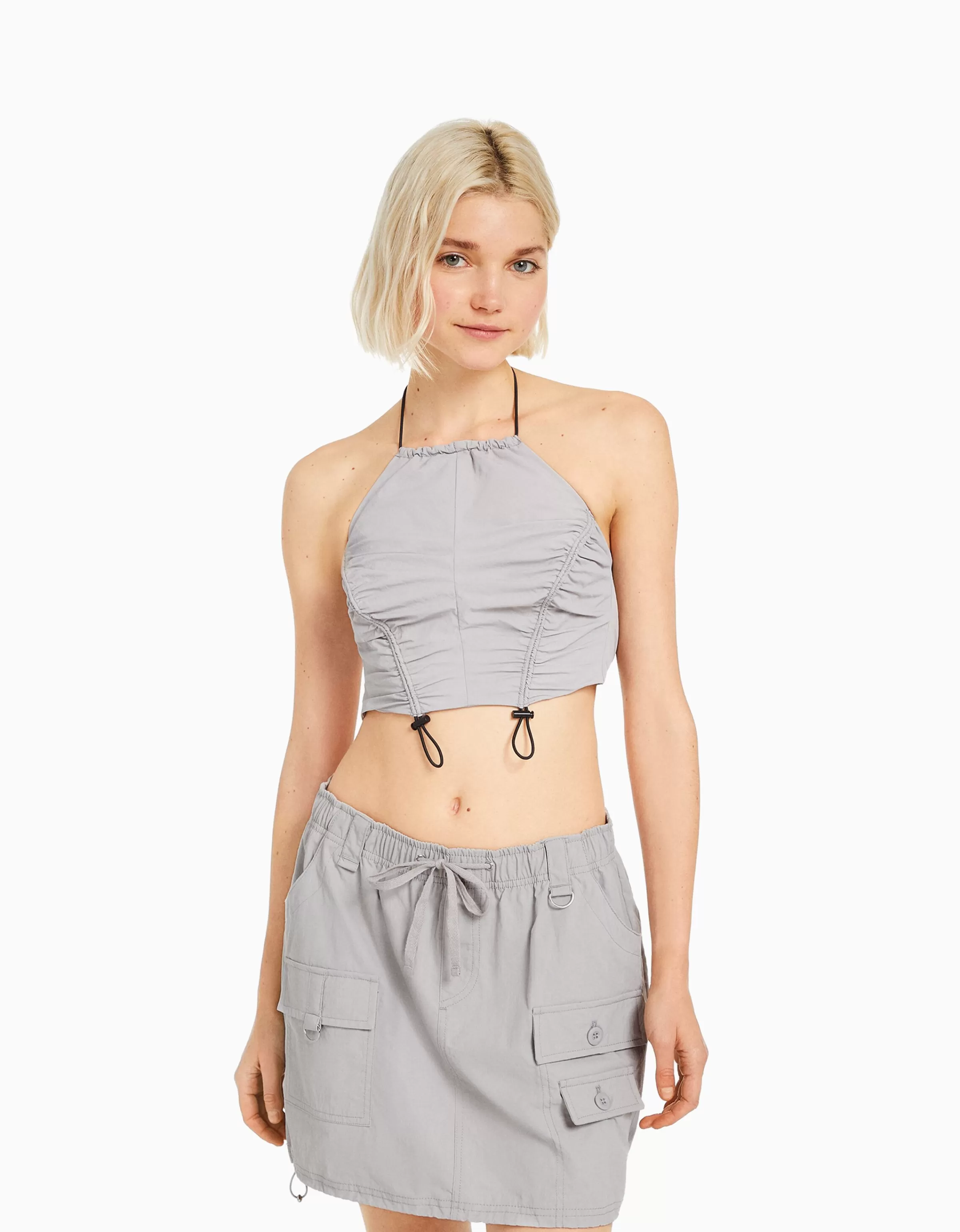 BERSHKA Vêtements*Minijupe cargo coton multipoches Gris