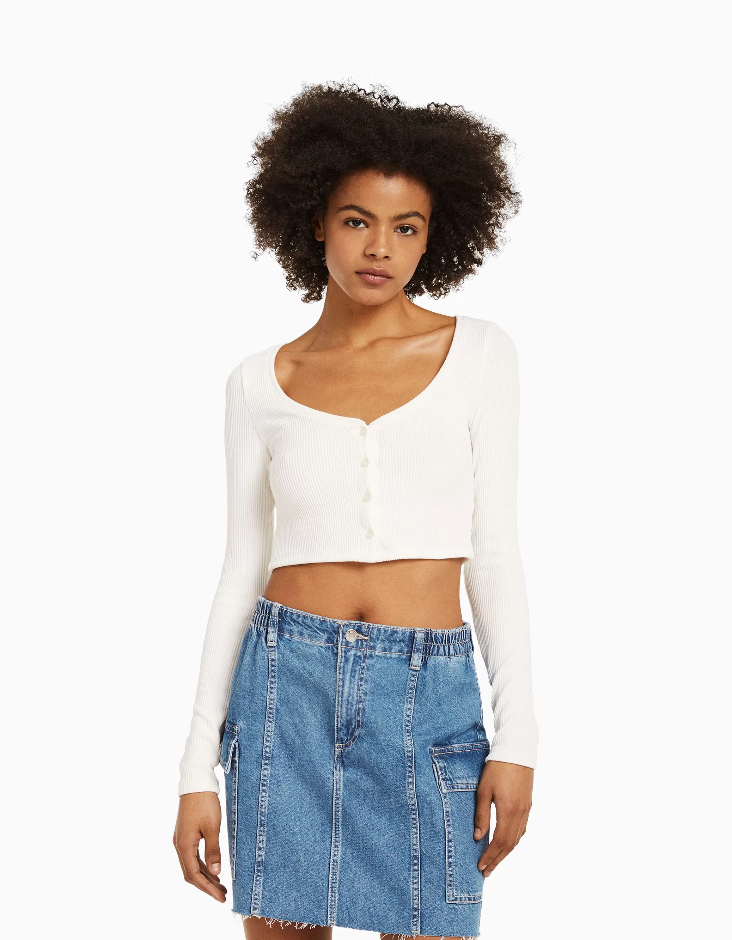 BERSHKA Jupes*Minijupe denim cargo Blanc cassé