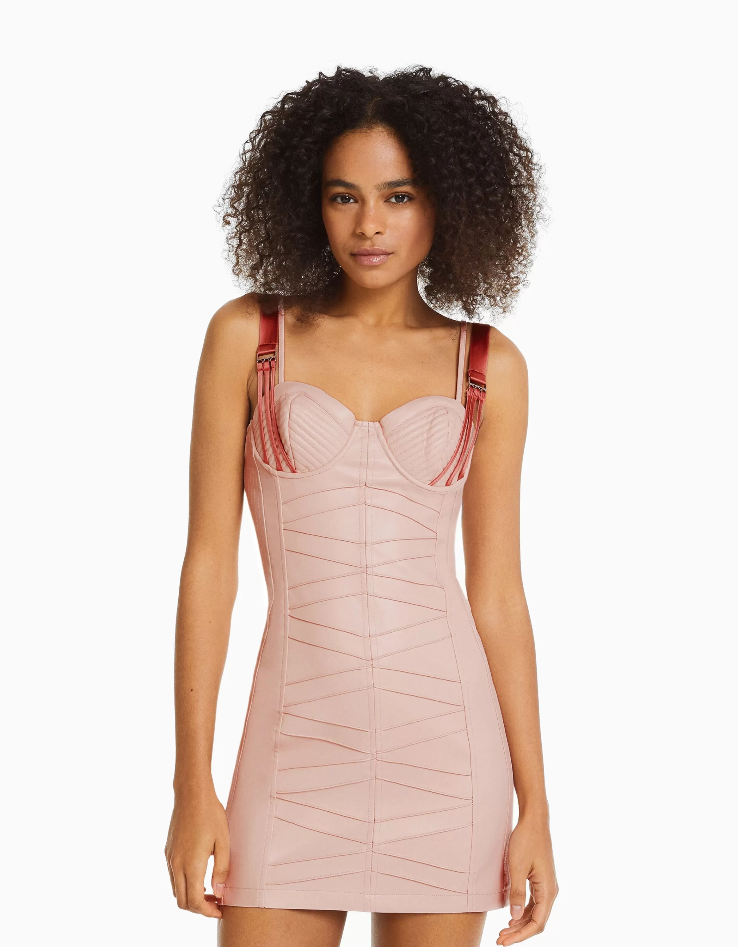 BERSHKA Vêtements*Mini-robe bretelles satinées similicuir Rose