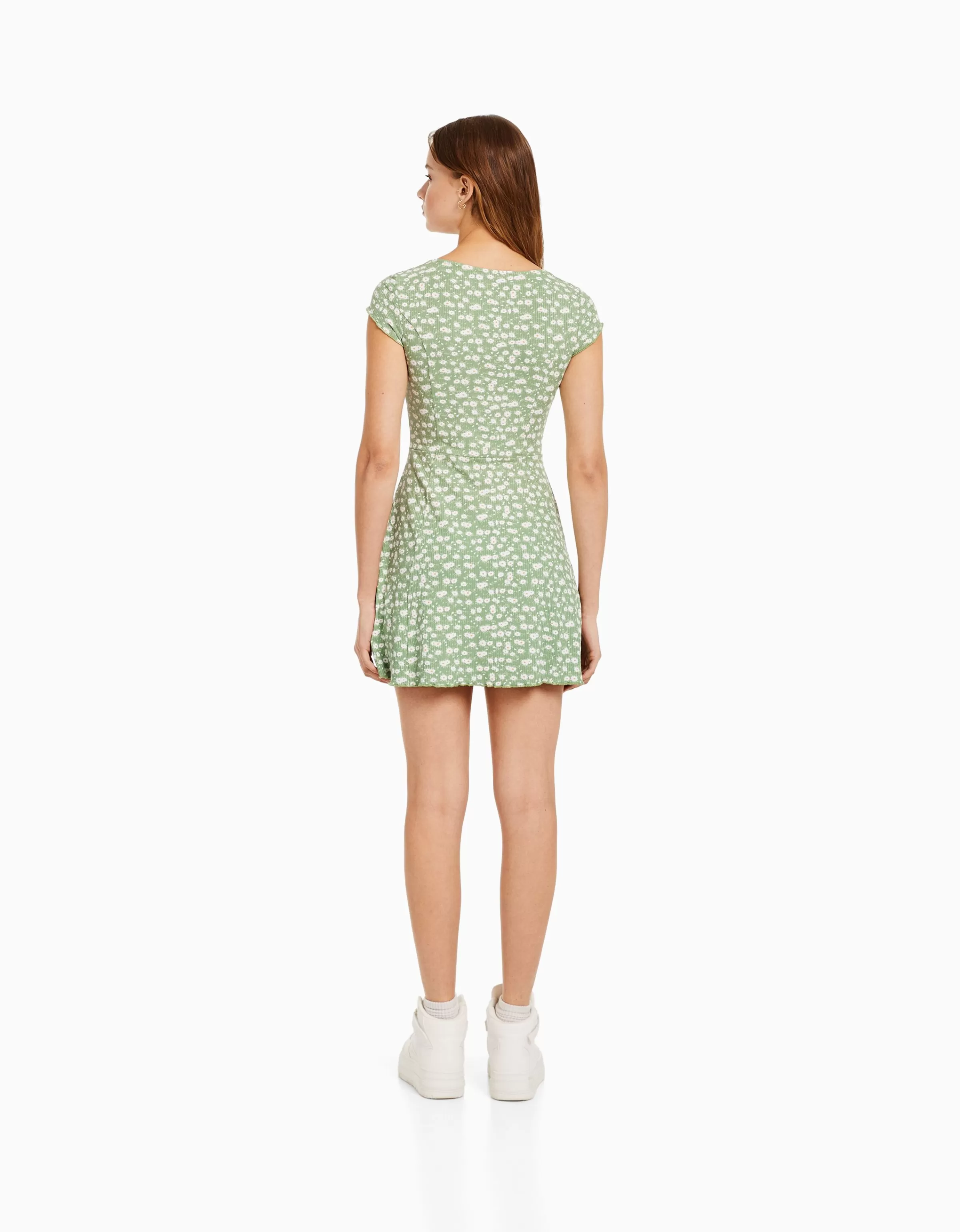 BERSHKA Robes*Mini-robe manches courtes décolleté imprimé Vert