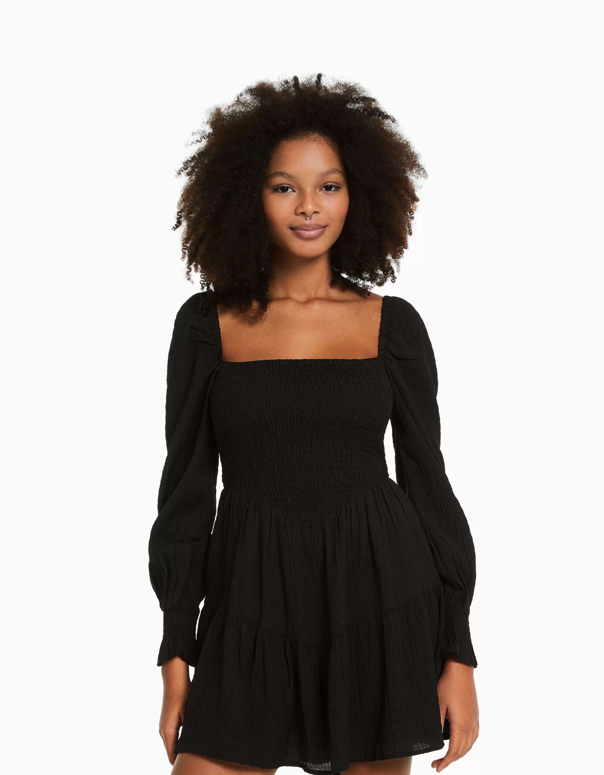 BERSHKA Robes*Mini-robe manches longues volume texturée Noir