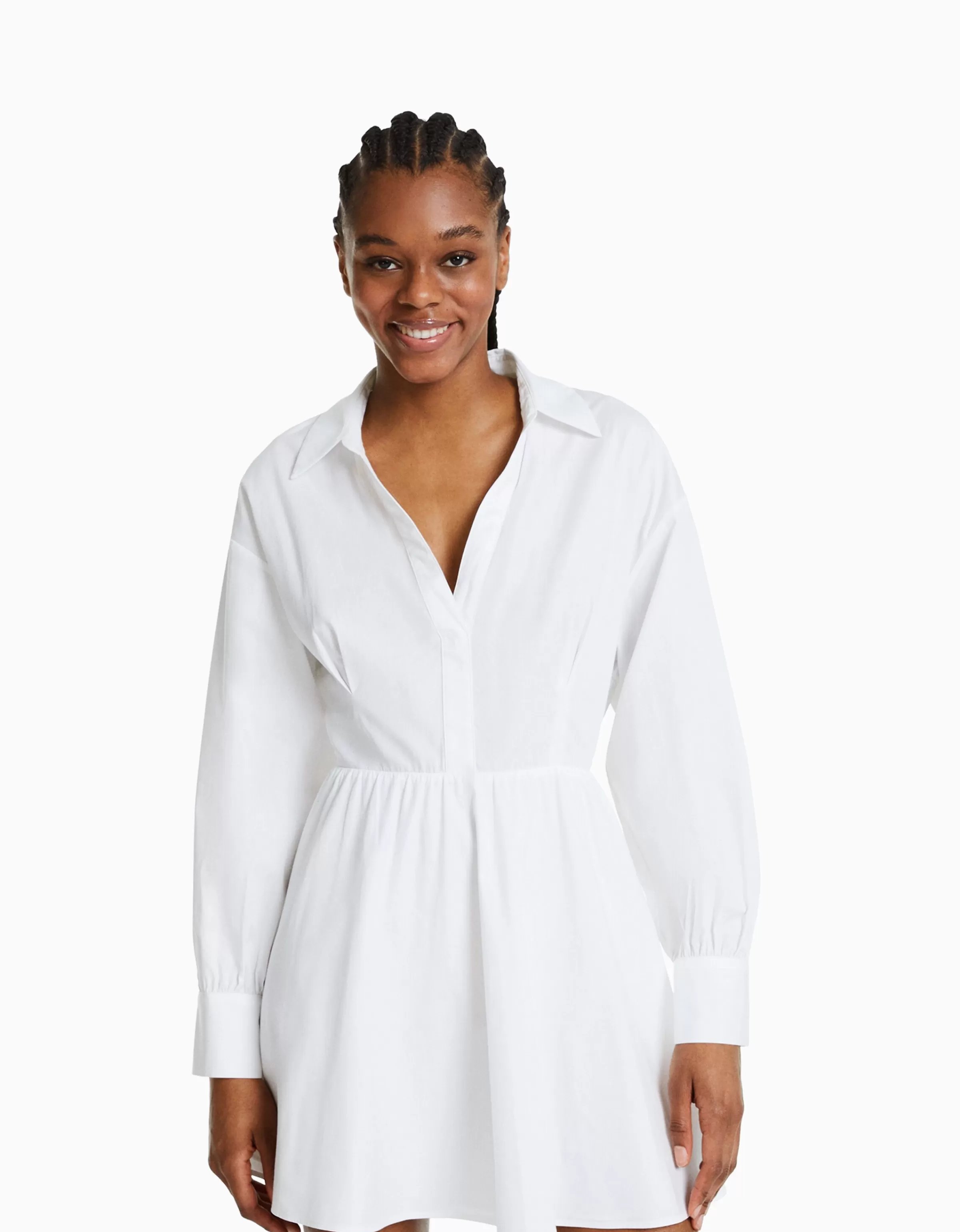 BERSHKA Robes*Mini-robe popeline volume Blanc