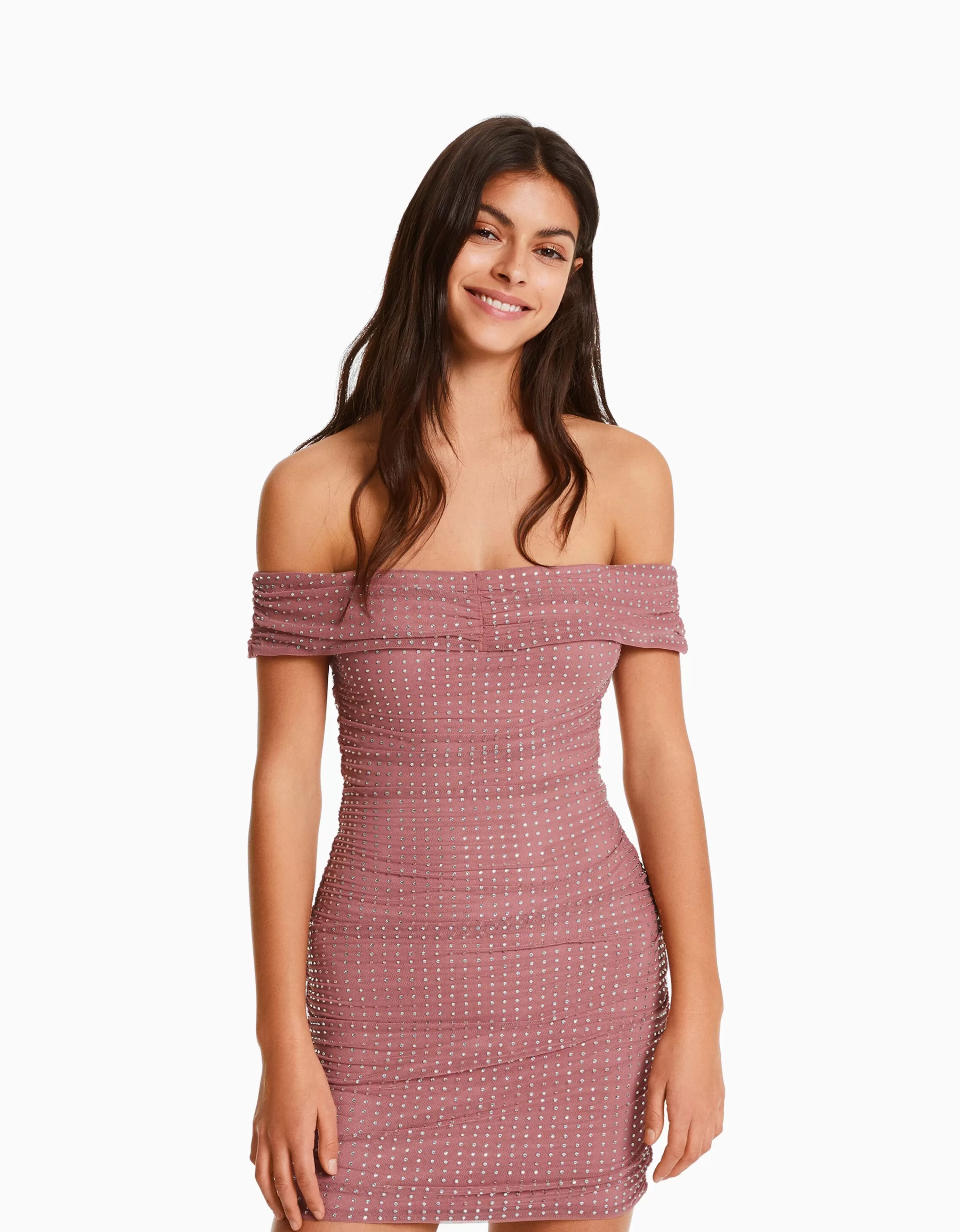 BERSHKA Vêtements*Mini-robe résille encolure bateau Rose