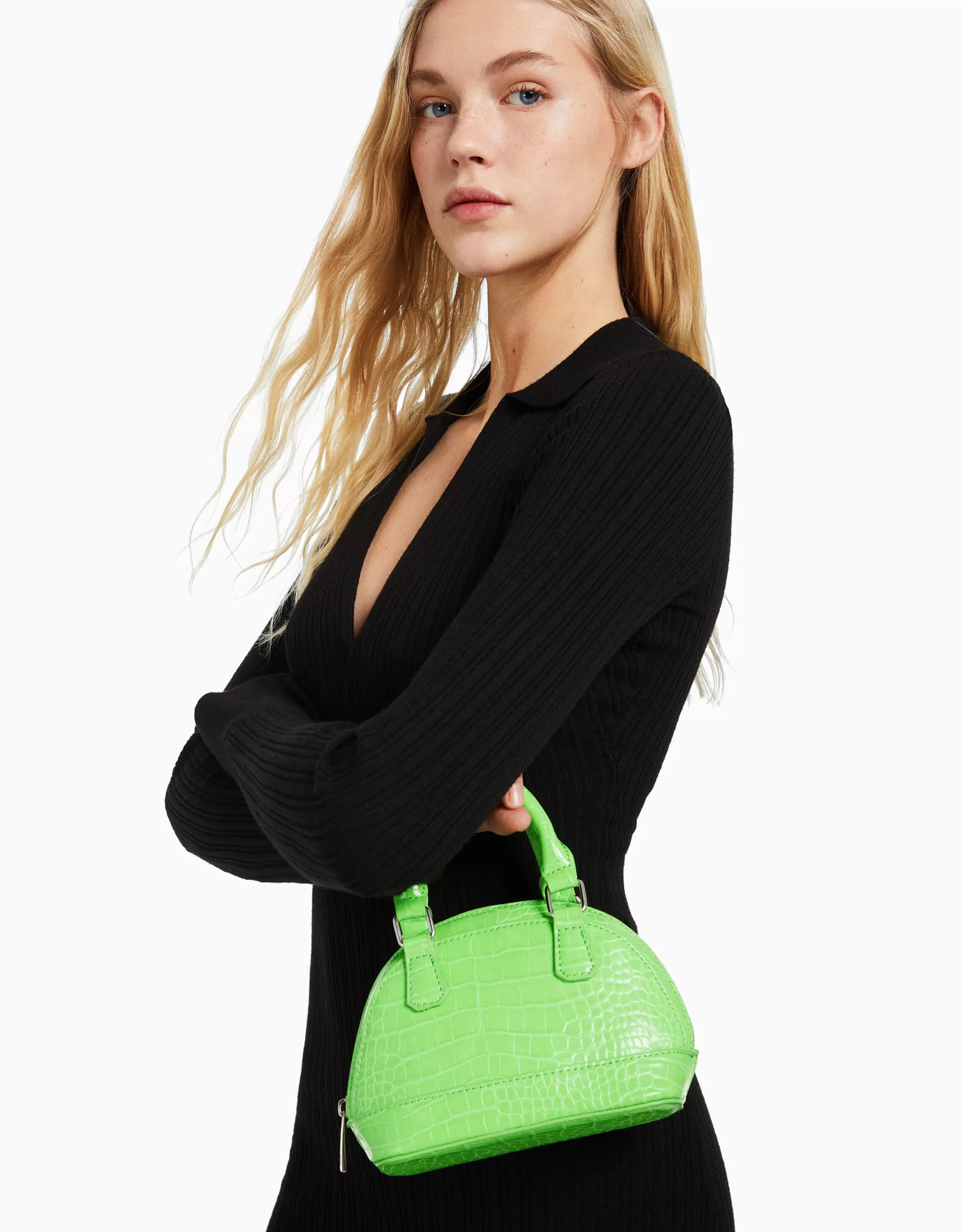 BERSHKA Similicuir*Mini-sac anse imitation croco Vert