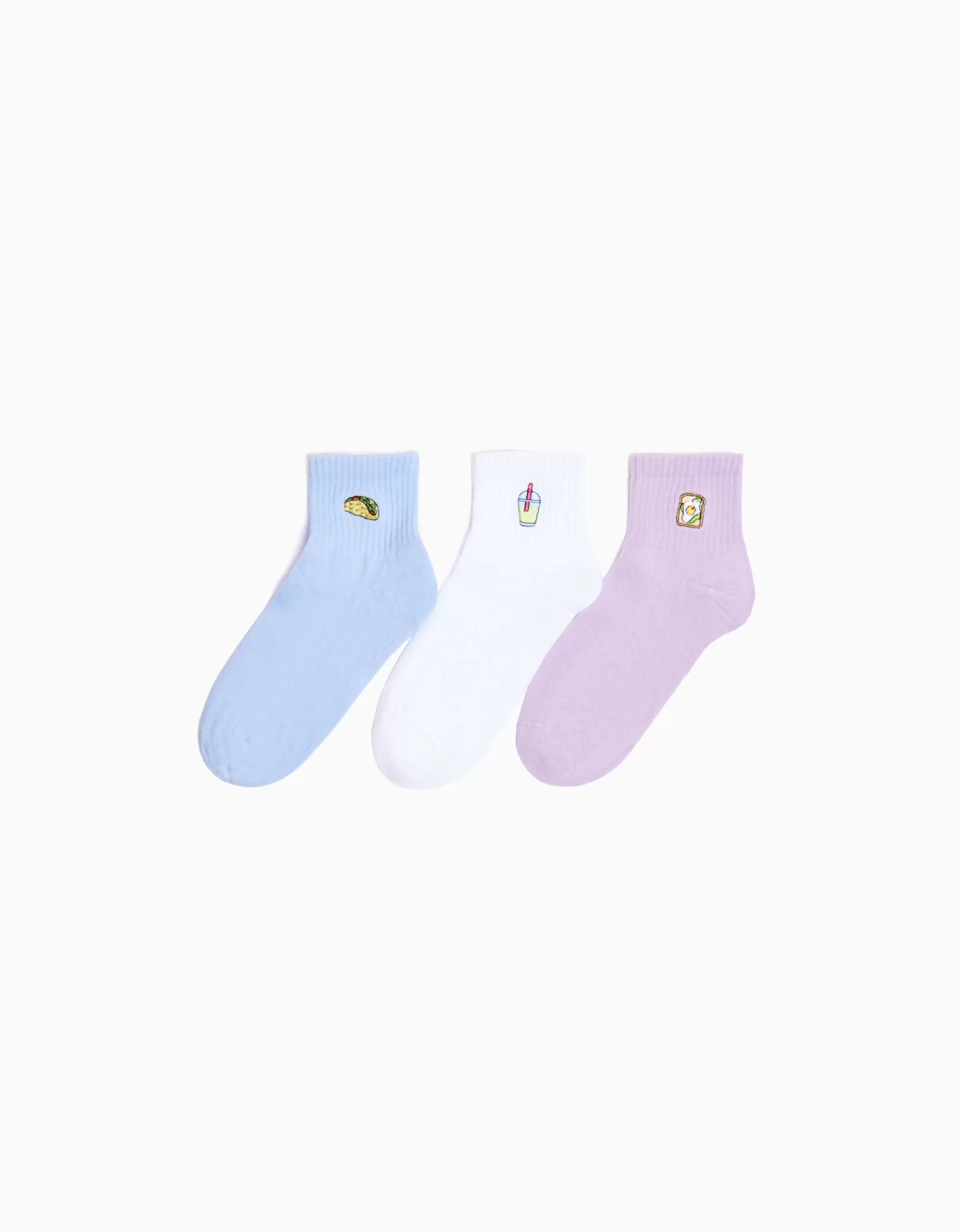 BERSHKA Chaussettes*Pack 3 paires de socquettes brodées Blanc