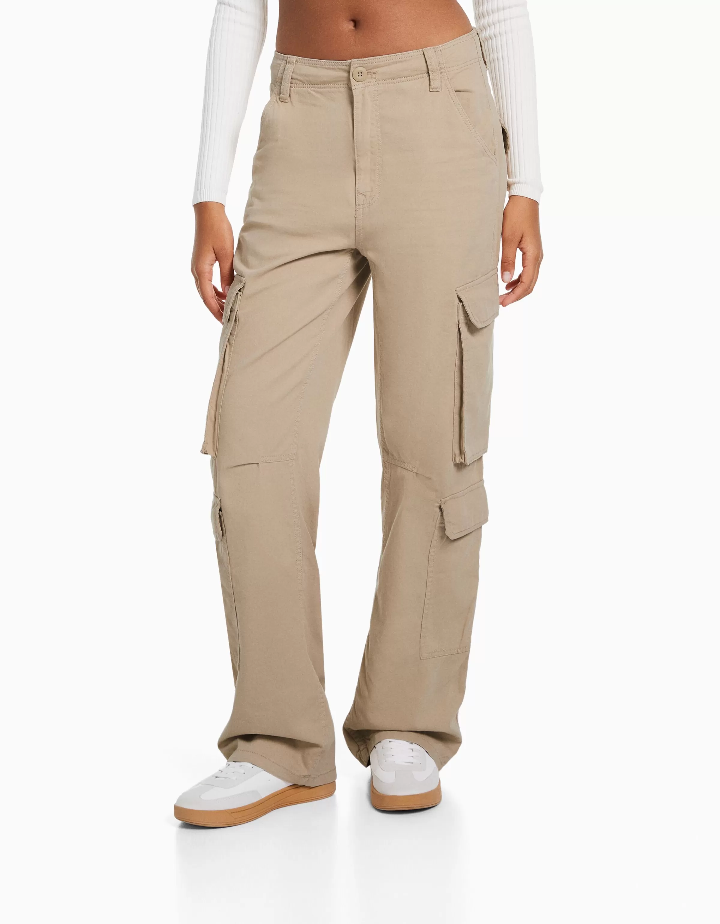 BERSHKA Vêtements*Pantalon cargo moulant serge multipoches Camel