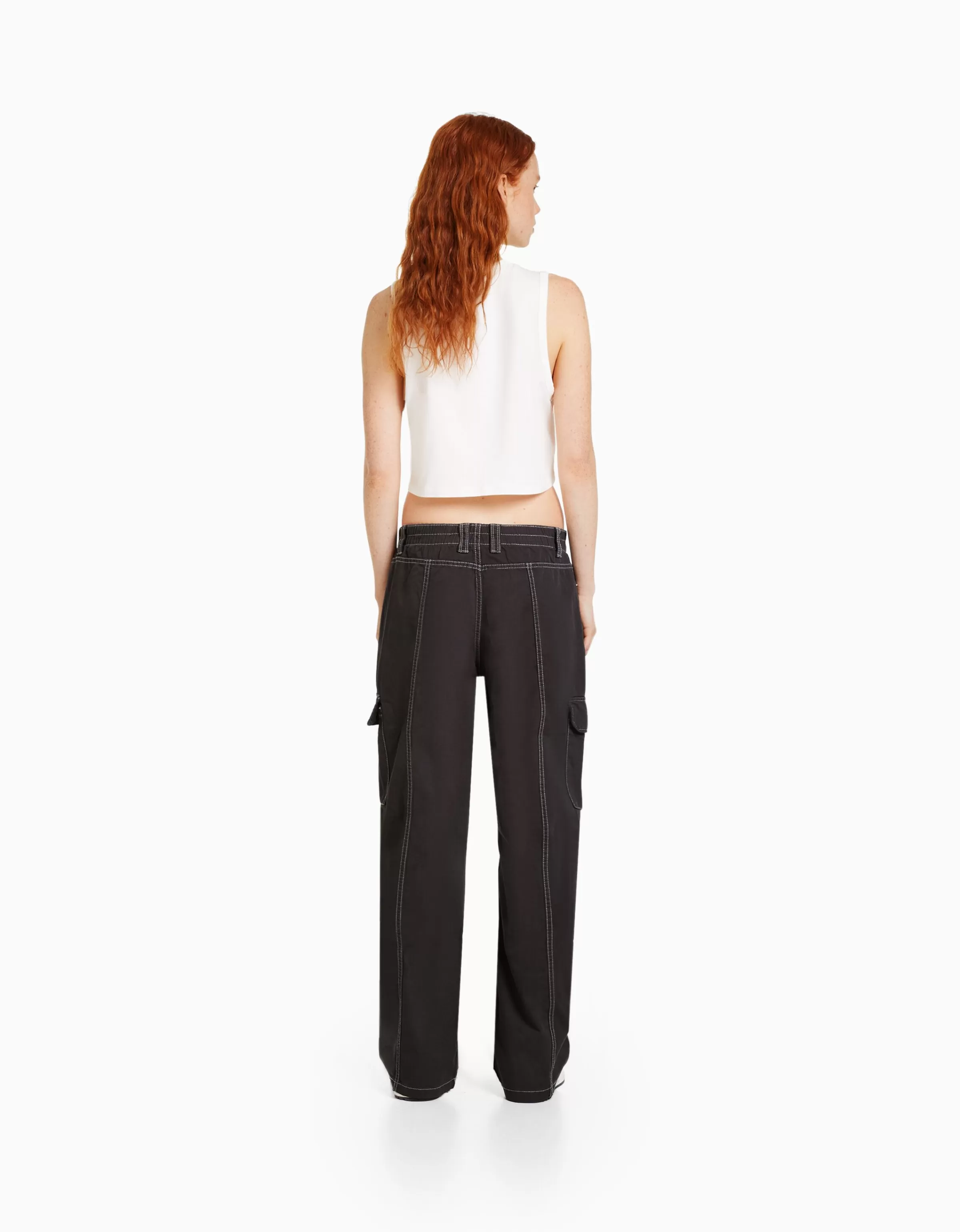 BERSHKA Vêtements*Pantalon cargo taille basse coton fil contraste Gris