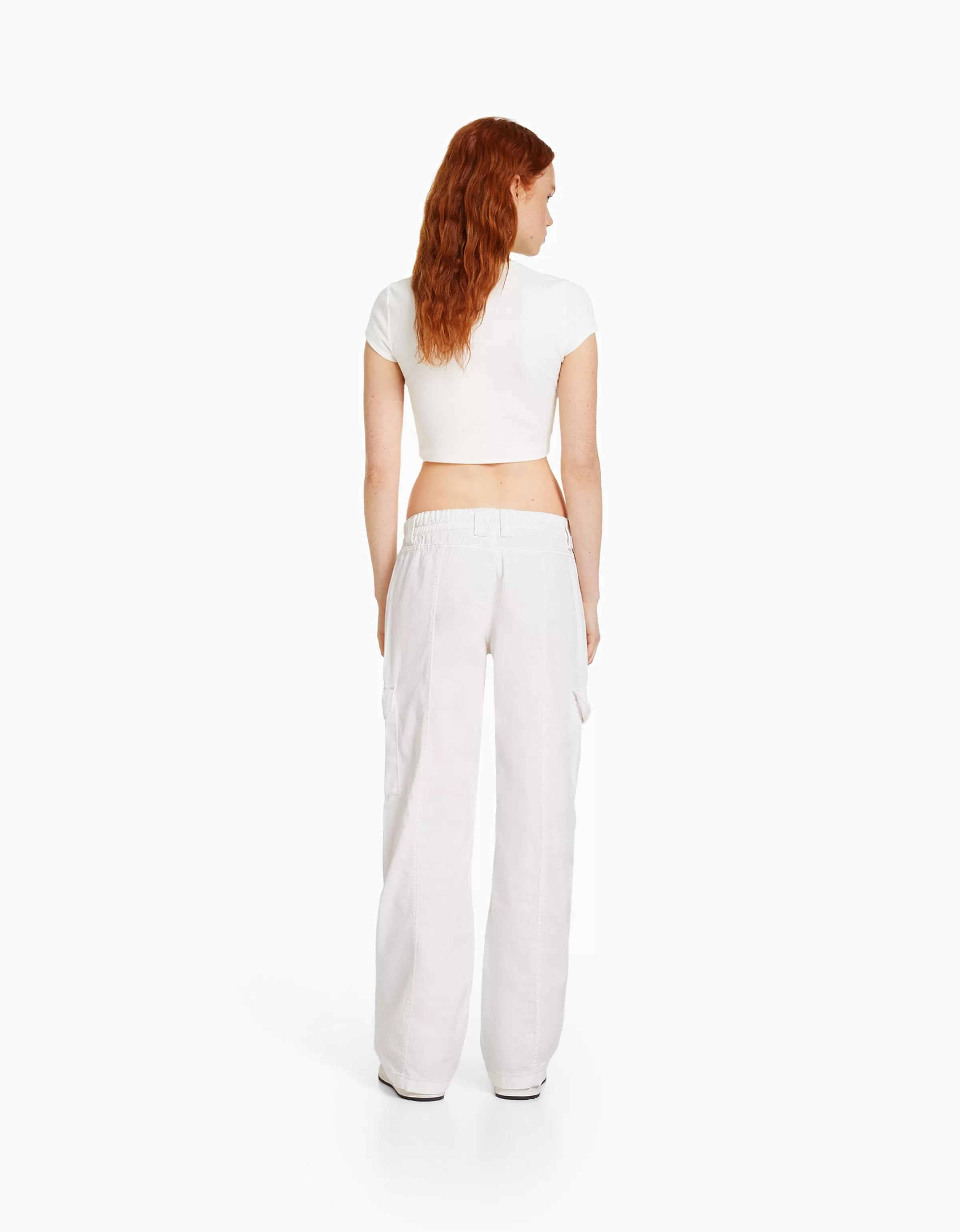 BERSHKA Vêtements*Pantalon cargo taille basse coton fil contraste Blanc cassé