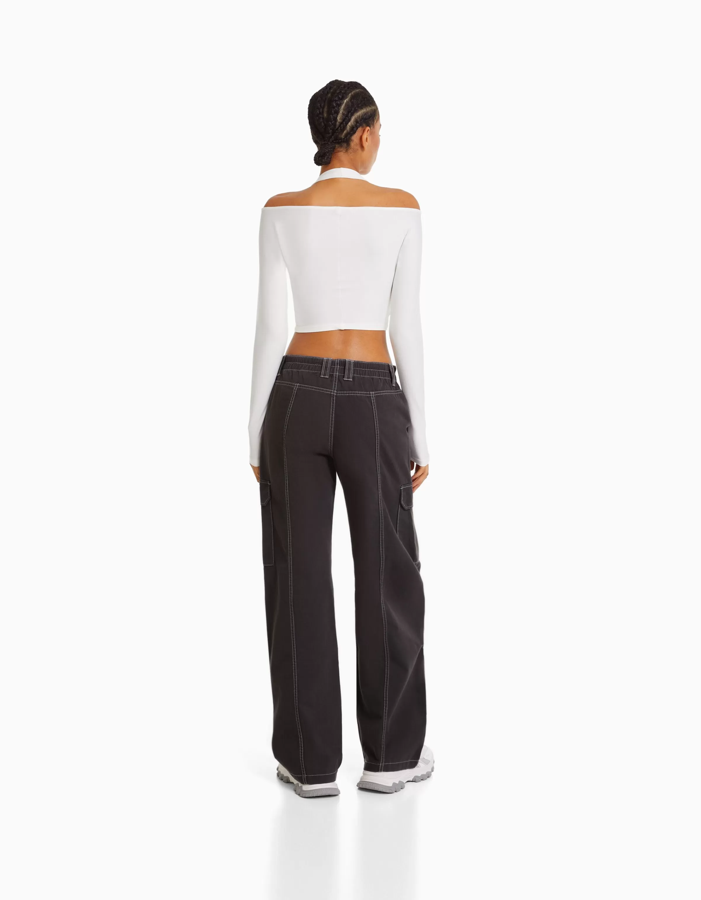 BERSHKA Vêtements*Pantalon cargo taille basse coton fil contraste Blanc cassé