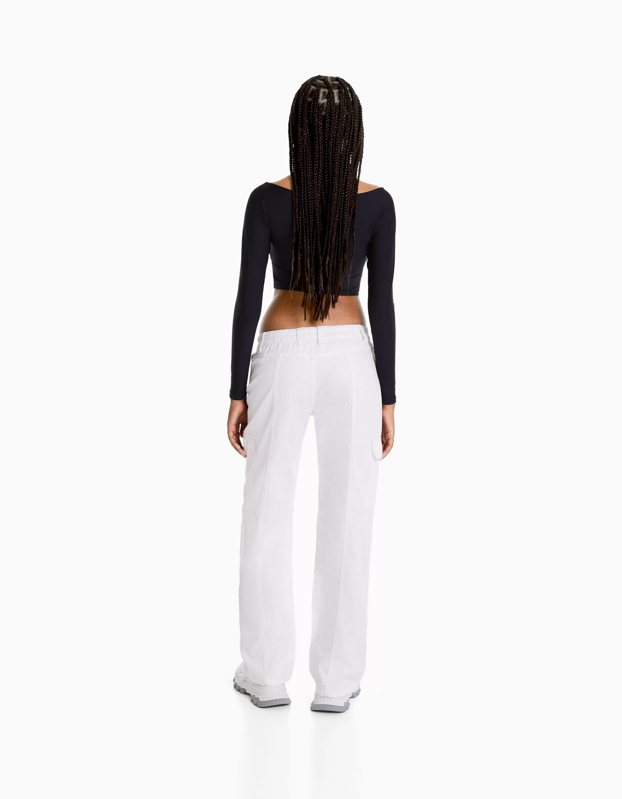 BERSHKA Pantalons*Pantalon cargo taille basse coton fil contraste Blanc cassé