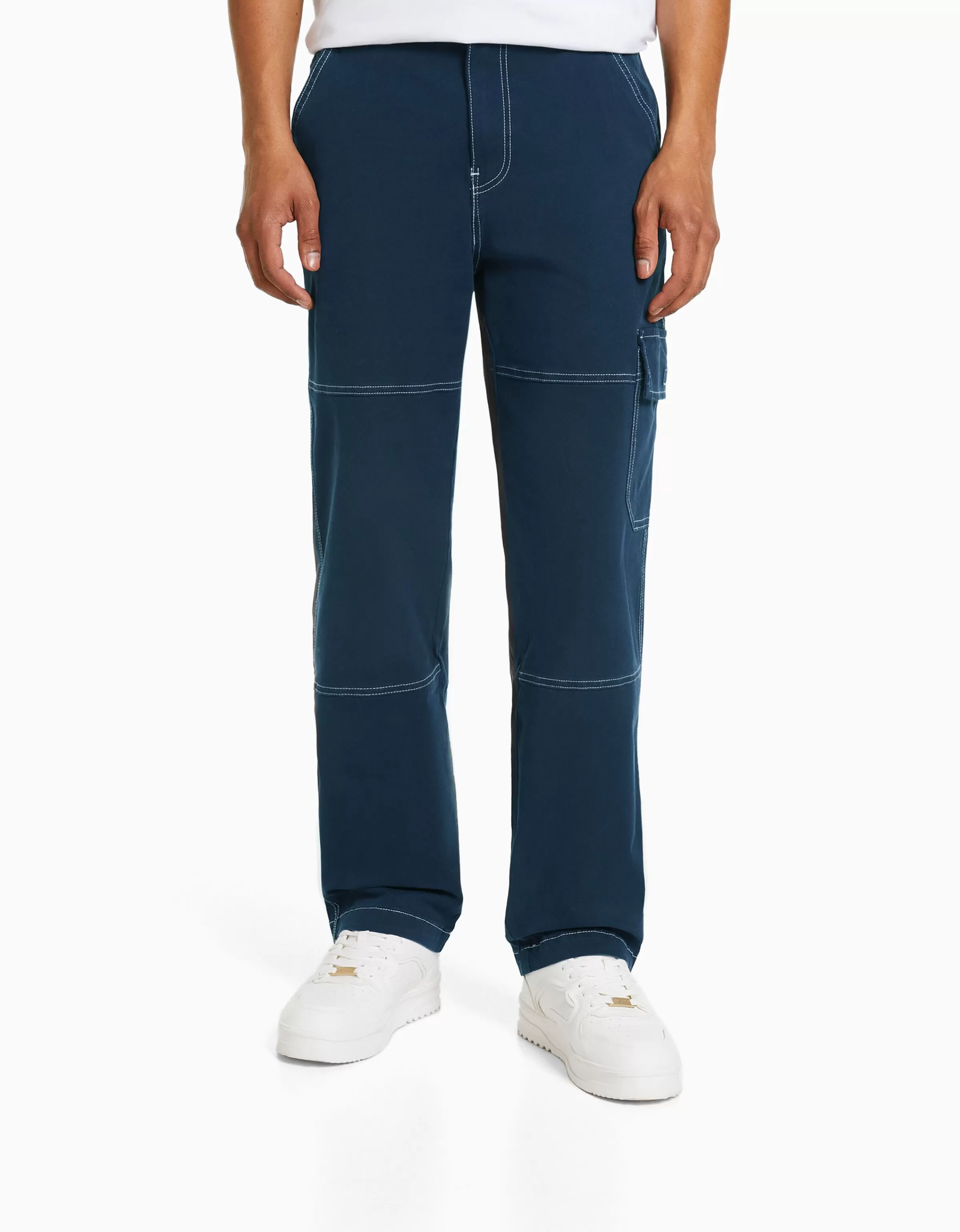 BERSHKA Pantalons*Pantalon cargo wide coutures contrastes Bleu foncé