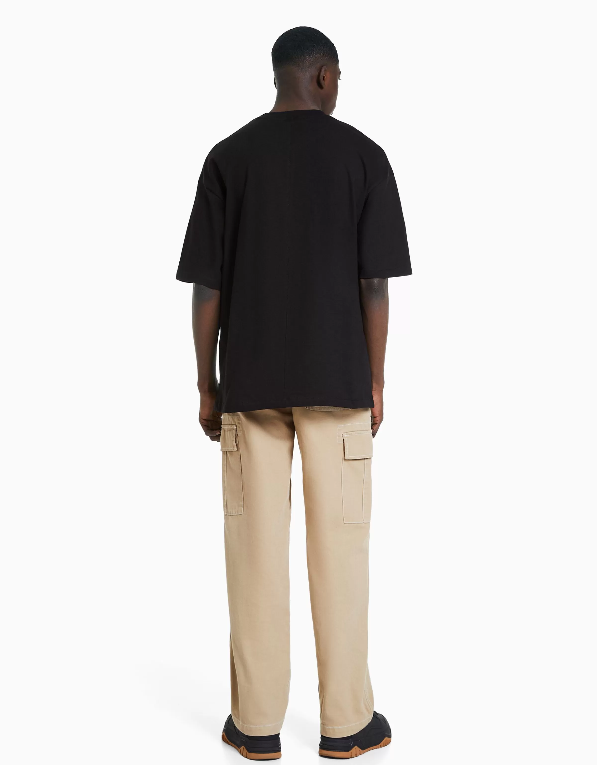 BERSHKA Vêtements*Pantalon cargo wide fil contraste Noir