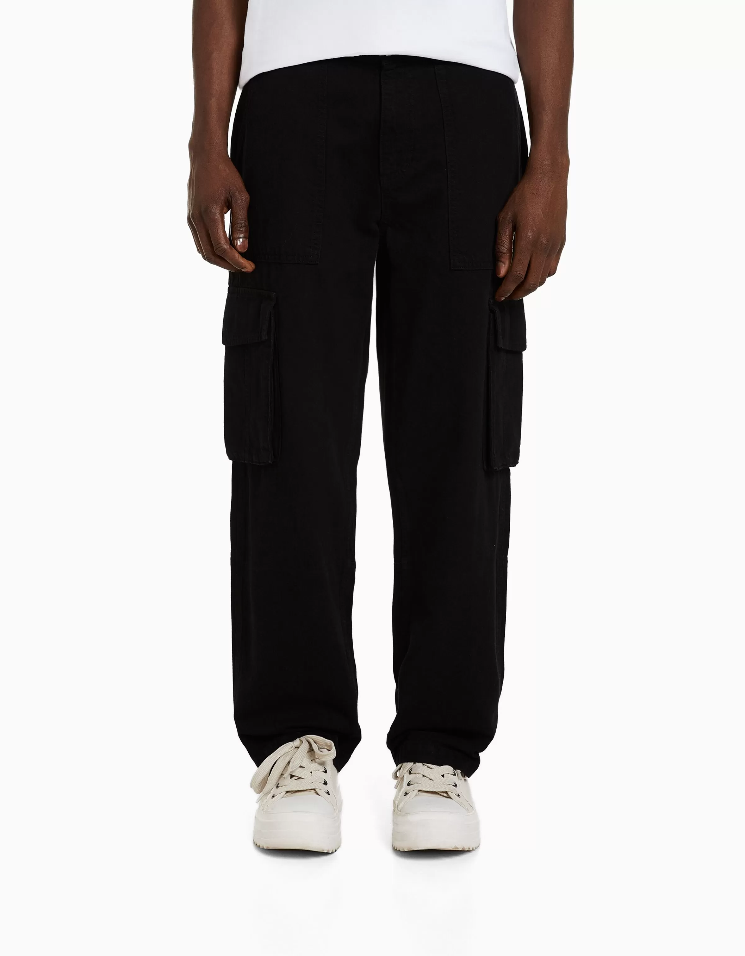 BERSHKA Vêtements*Pantalon cargo wide leg coton Noir