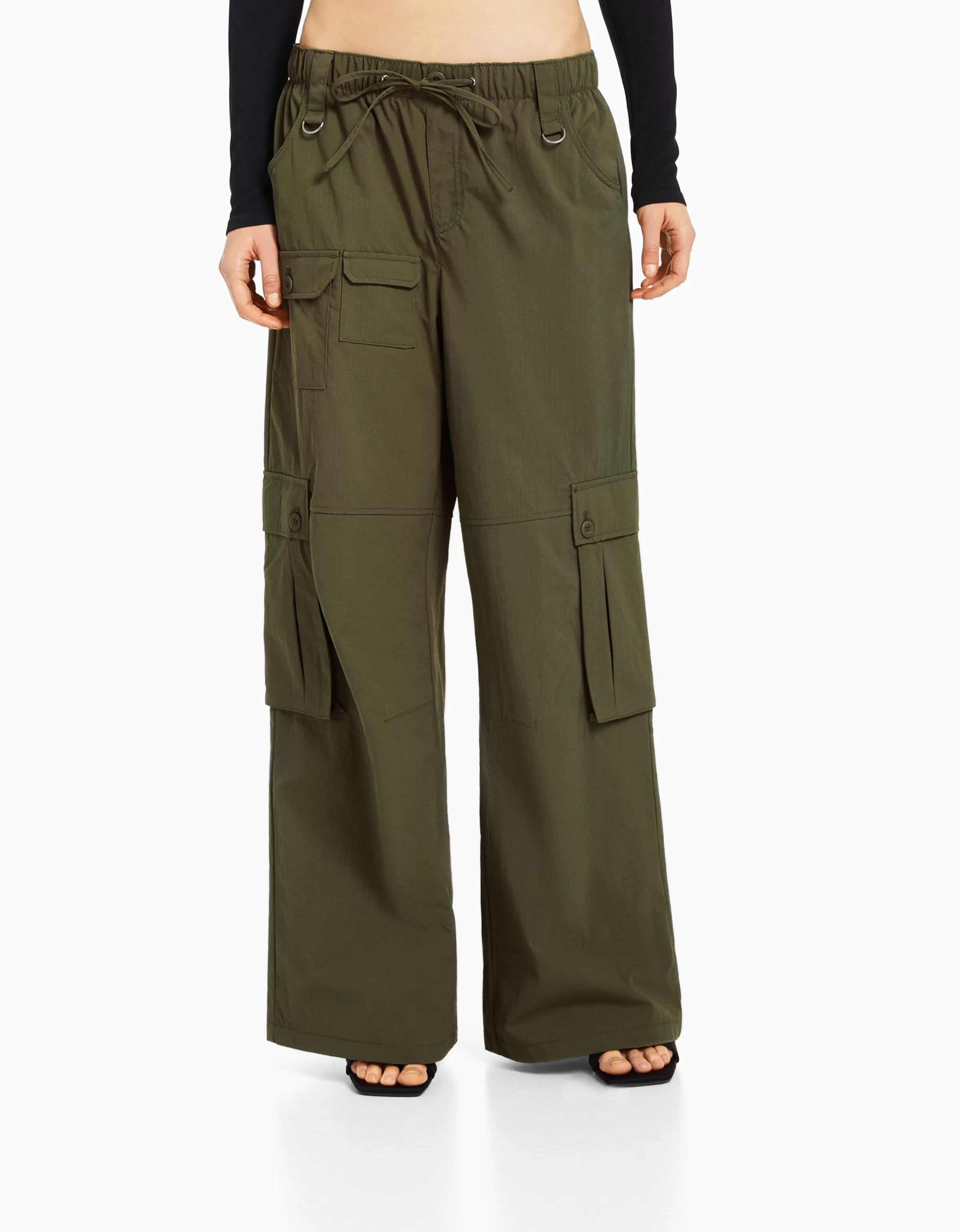 BERSHKA Pantalons*Pantalon cargo wide leg multipoches Kaki